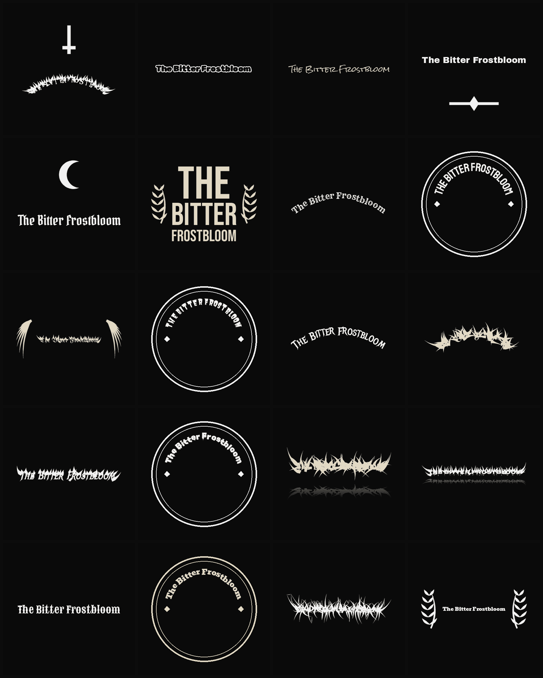 Twenty The Bitter Frostbloom band logo ideas — different faces, treatments and spike settings