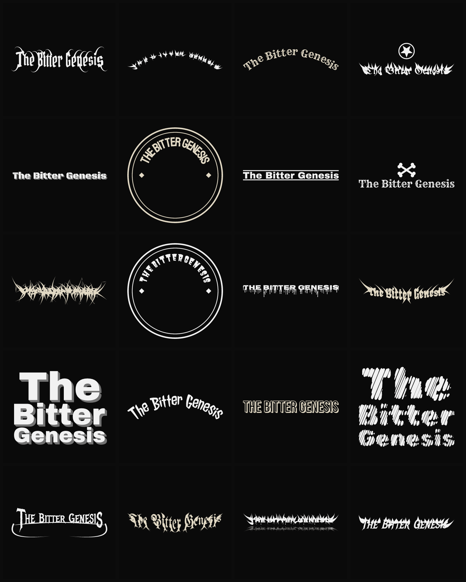 Twenty The Bitter Genesis band logo ideas — different faces, treatments and spike settings