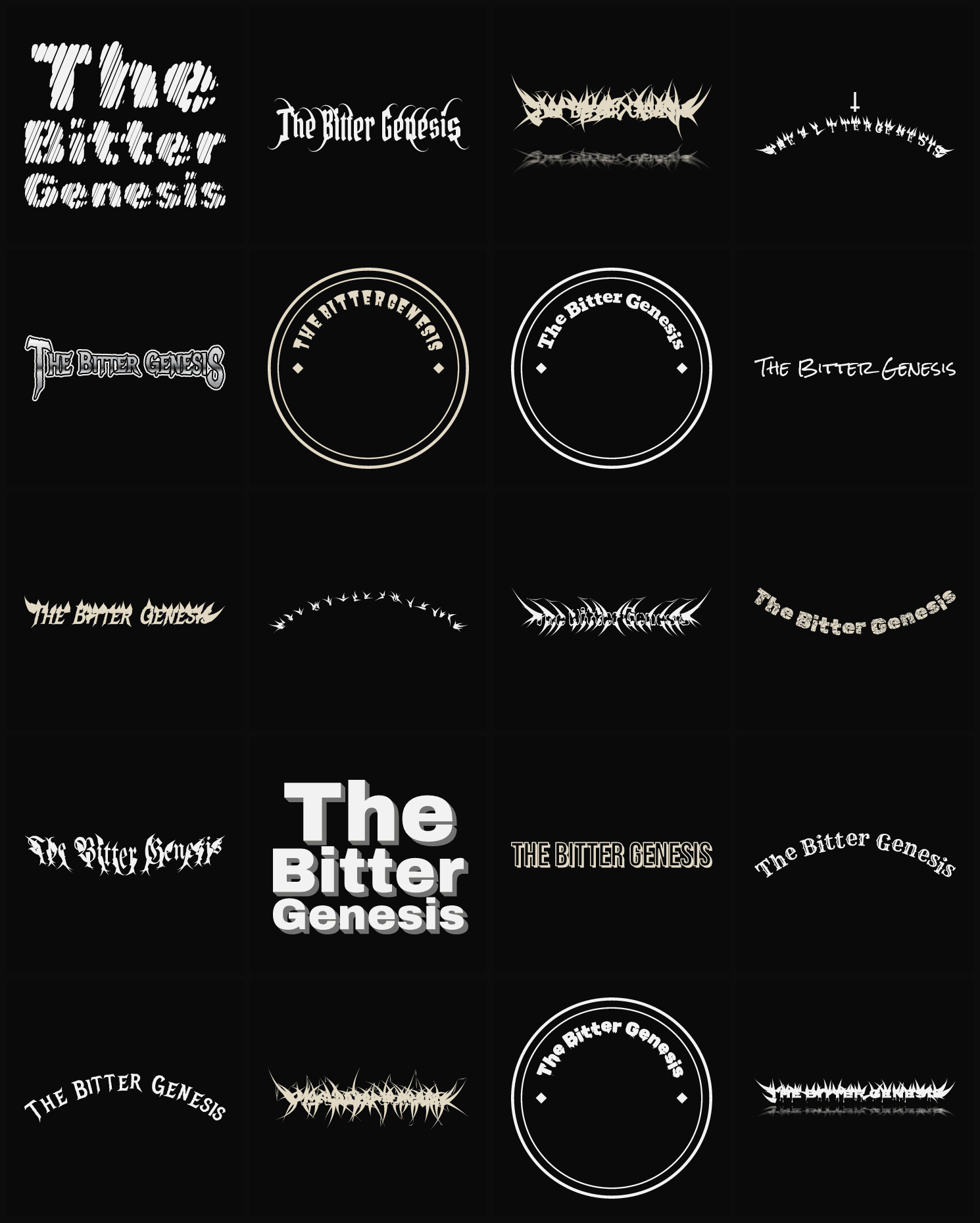 Twenty The Bitter Genesis band logo ideas — different faces, treatments and spike settings