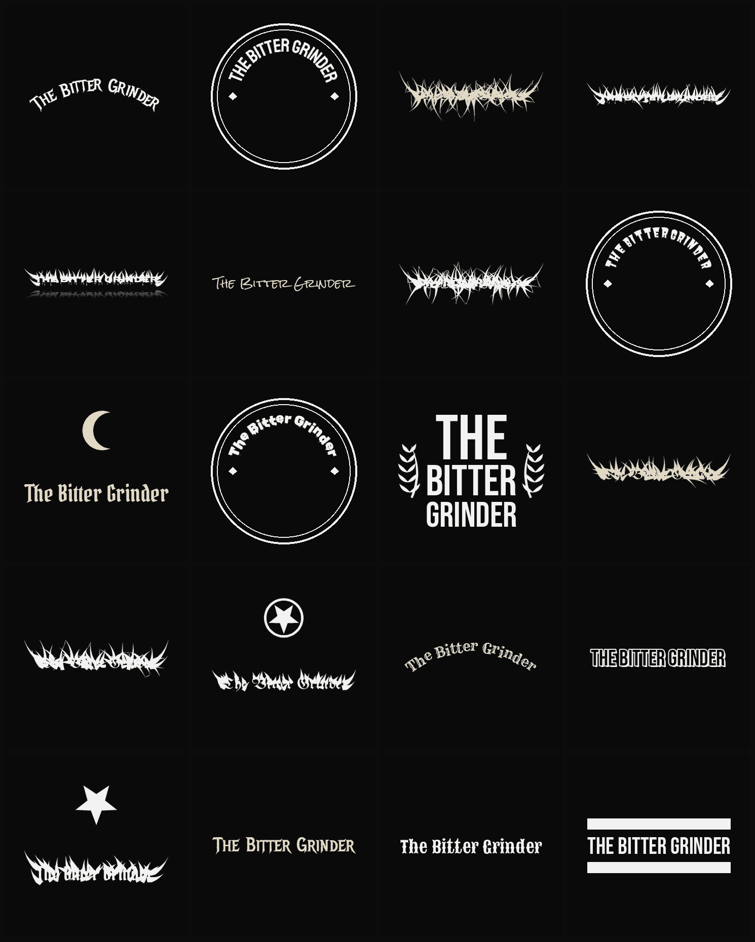 Twenty The Bitter Grinder band logo ideas — different faces, treatments and spike settings