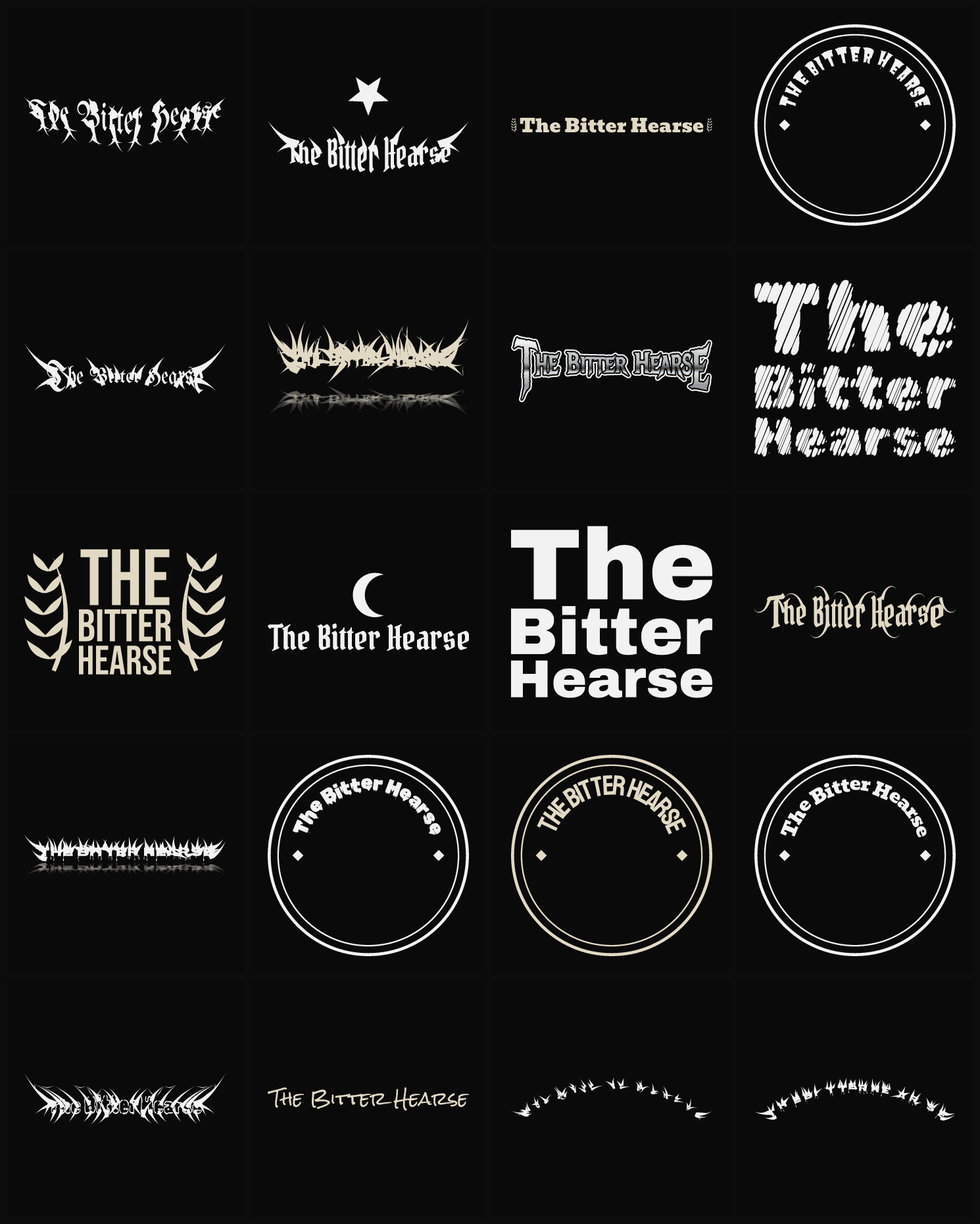 Twenty The Bitter Hearse band logo ideas — different faces, treatments and spike settings