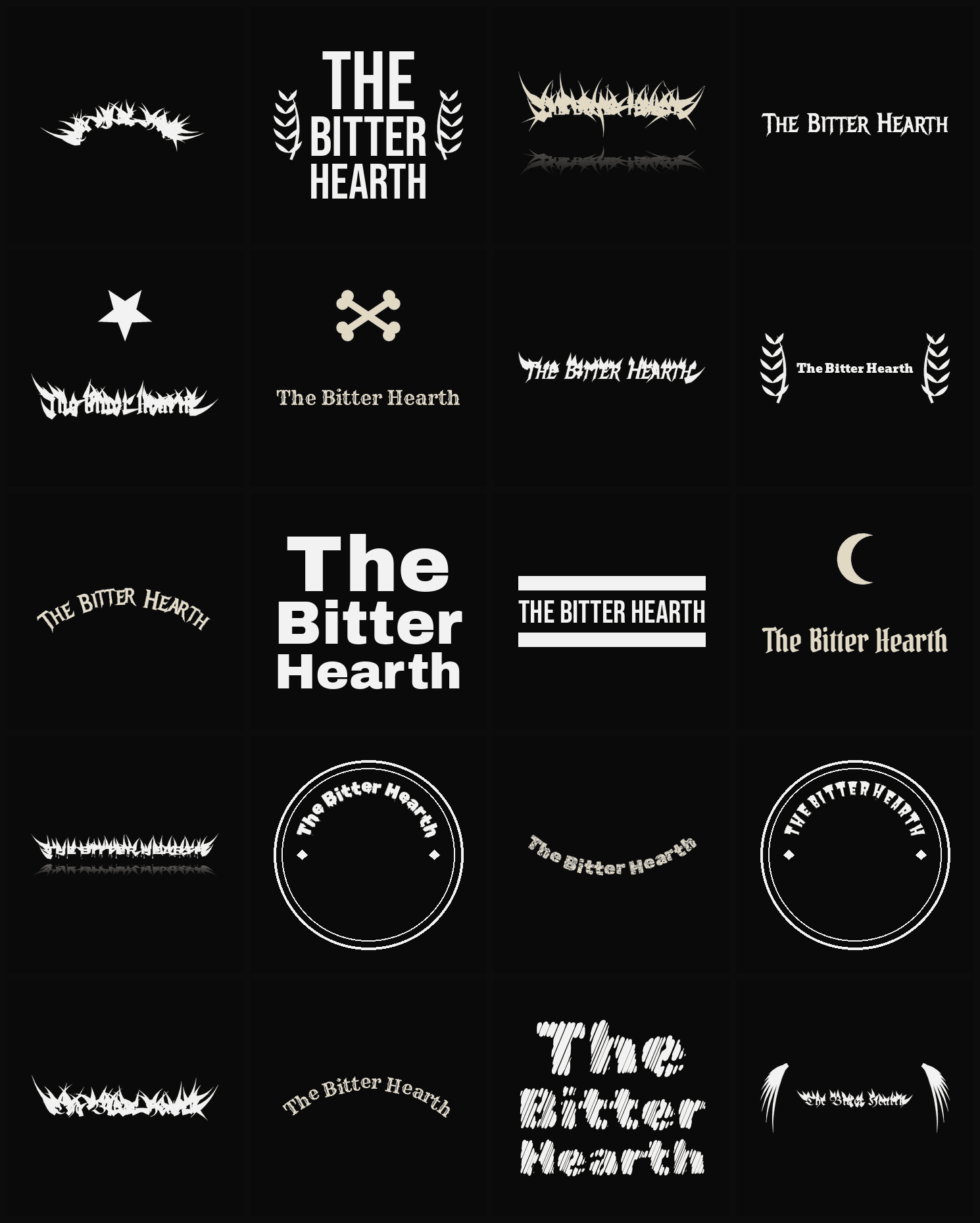 Twenty The Bitter Hearth band logo ideas — different faces, treatments and spike settings
