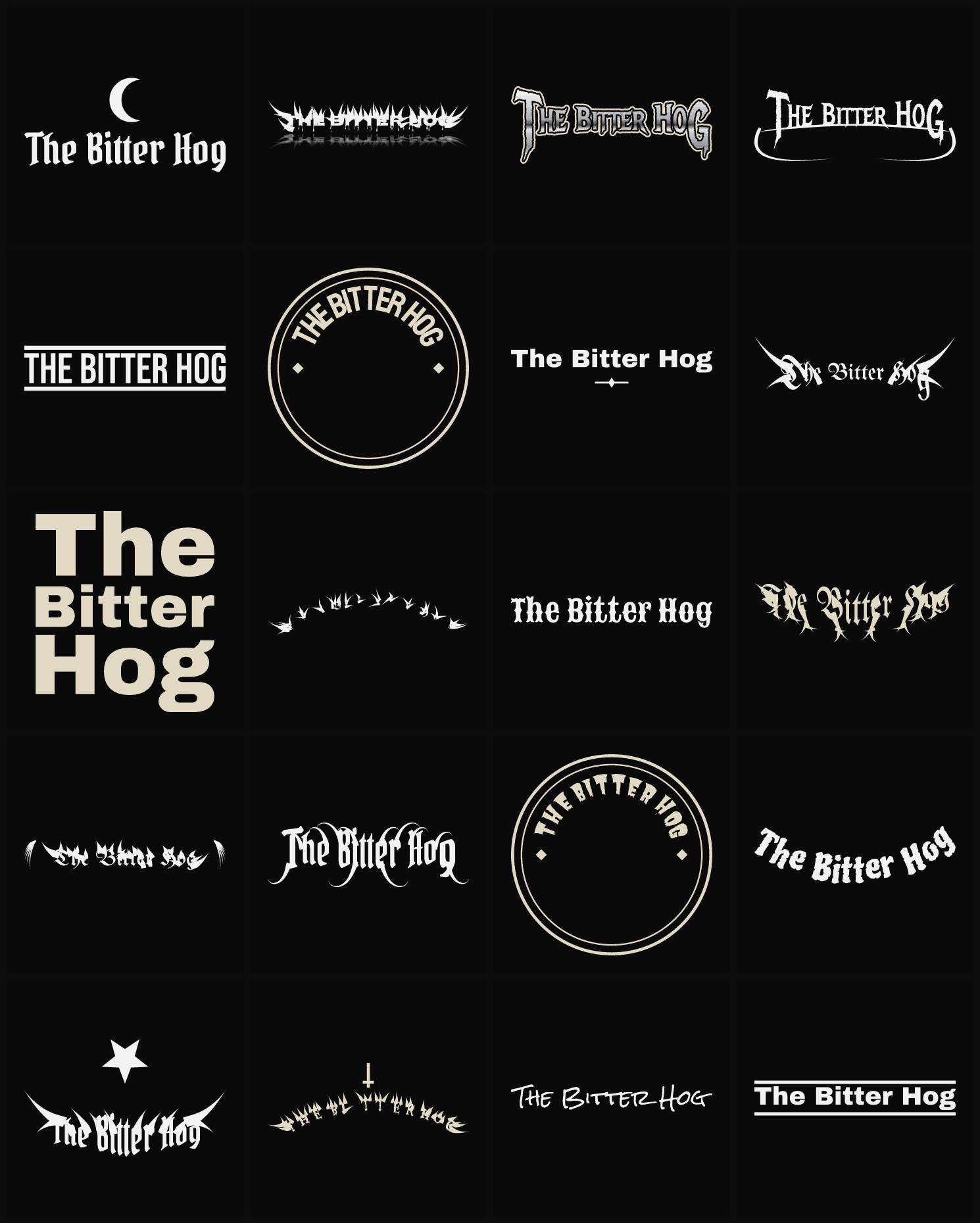 Twenty The Bitter Hog band logo ideas — different faces, treatments and spike settings