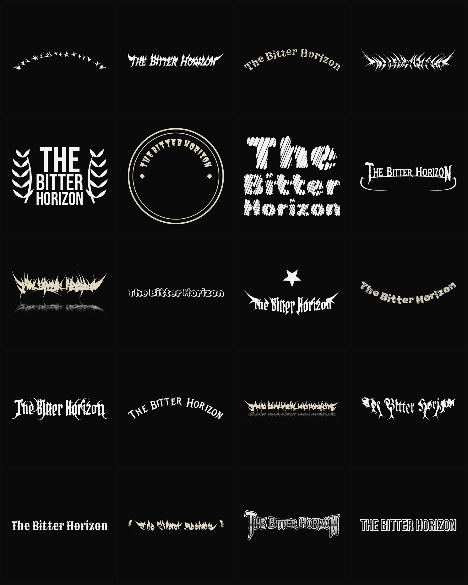 Twenty The Bitter Horizon band logo ideas — different faces, treatments and spike settings