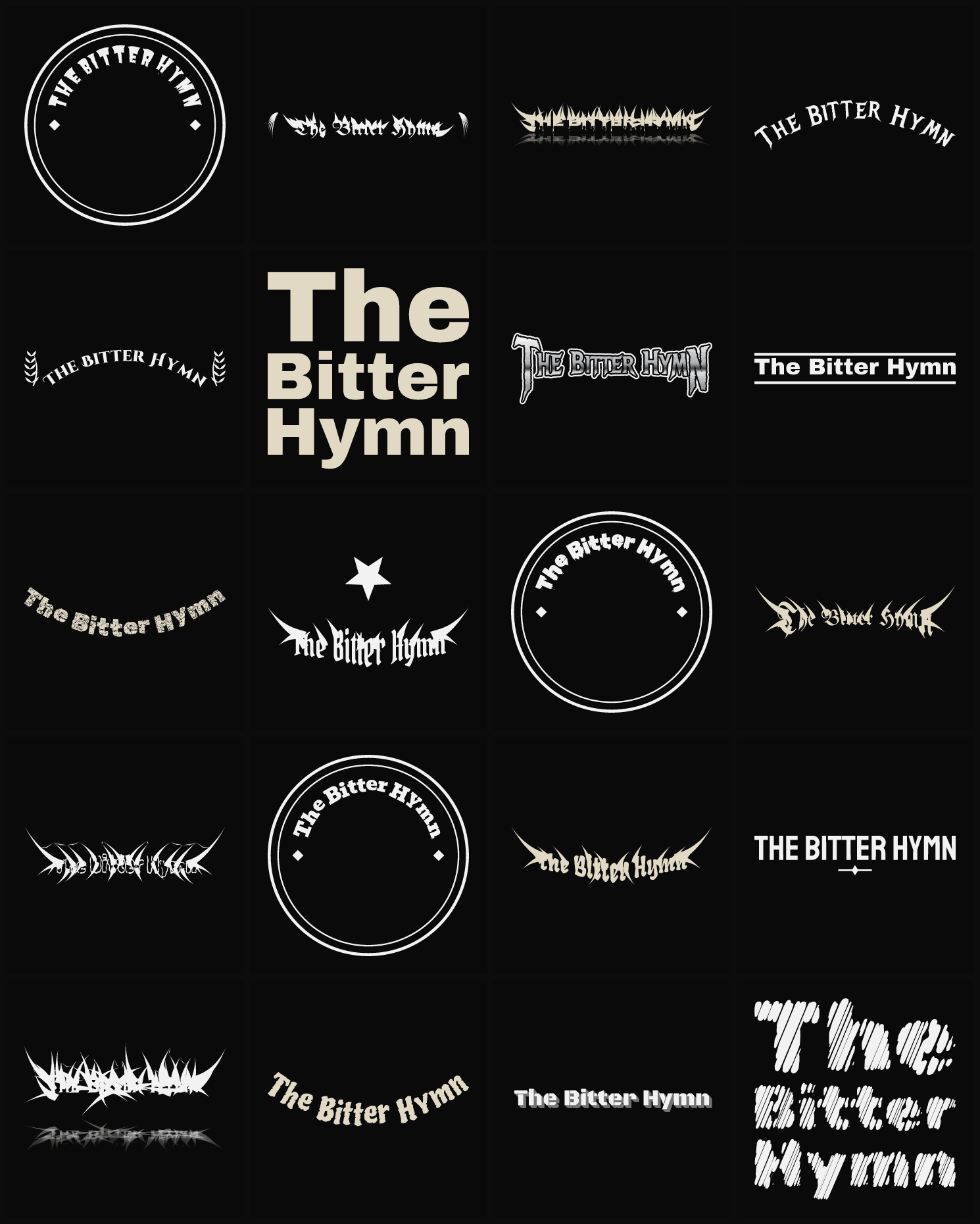Twenty The Bitter Hymn band logo ideas — different faces, treatments and spike settings