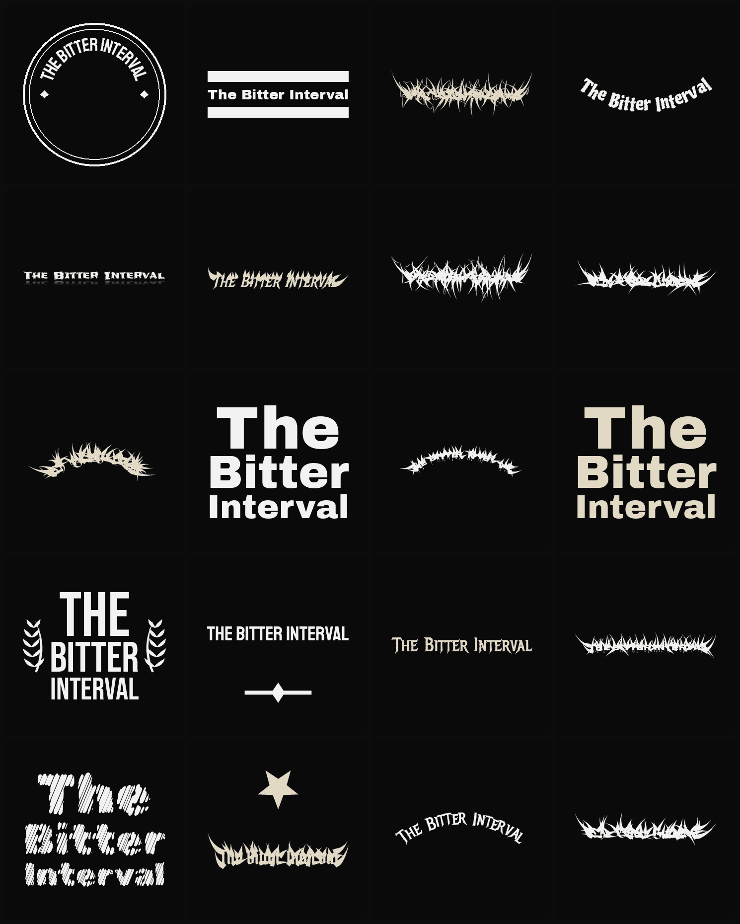 Twenty The Bitter Interval band logo ideas — different faces, treatments and spike settings