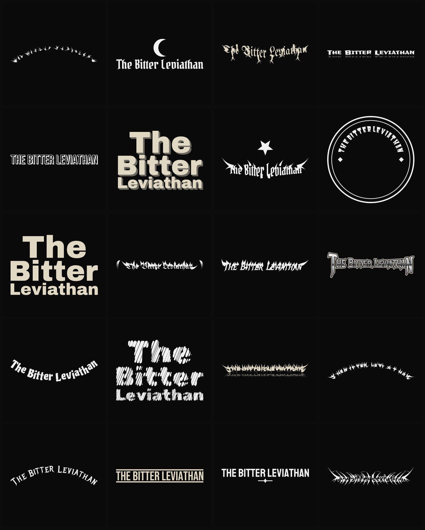 Twenty The Bitter Leviathan band logo ideas — different faces, treatments and spike settings