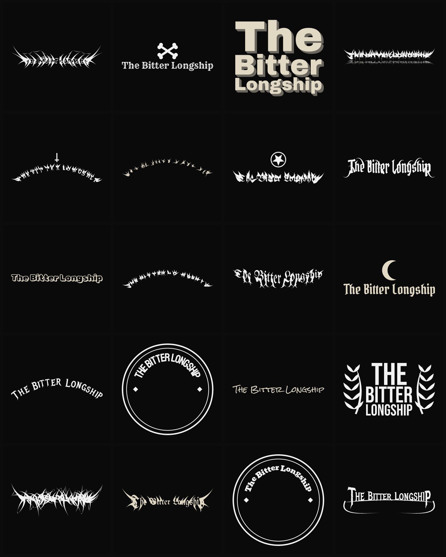 Twenty The Bitter Longship band logo ideas — different faces, treatments and spike settings