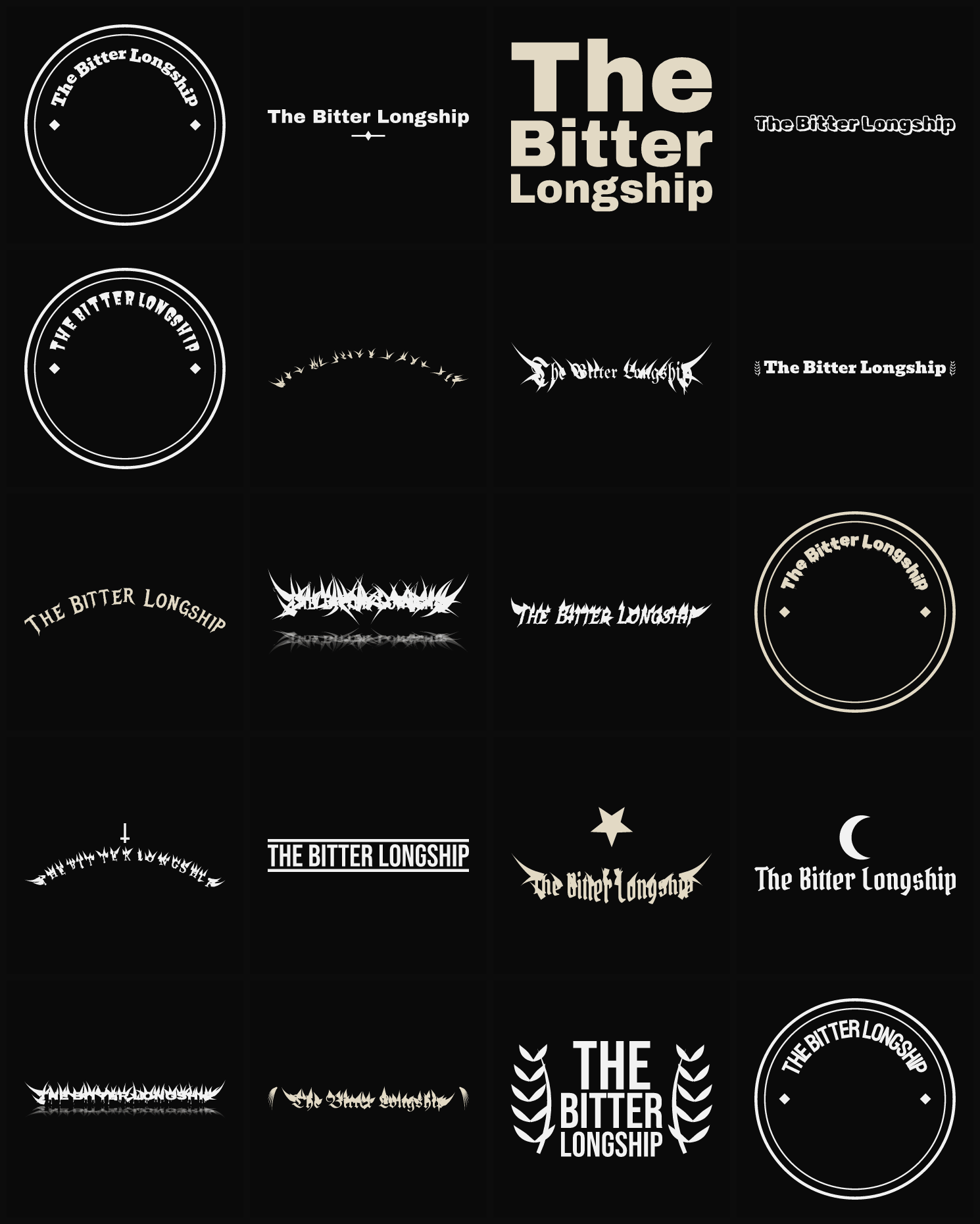 Twenty The Bitter Longship band logo ideas — different faces, treatments and spike settings