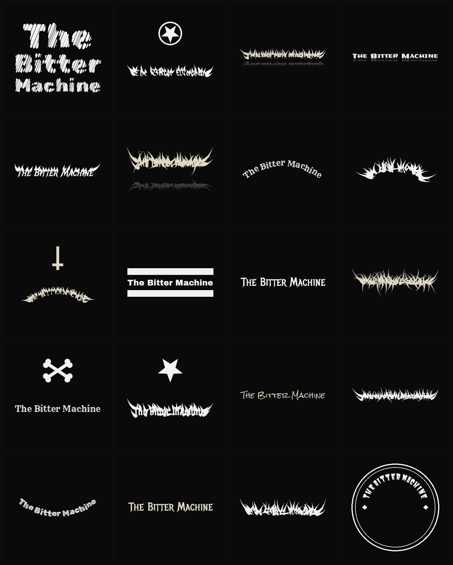 Twenty The Bitter Machine band logo ideas — different faces, treatments and spike settings