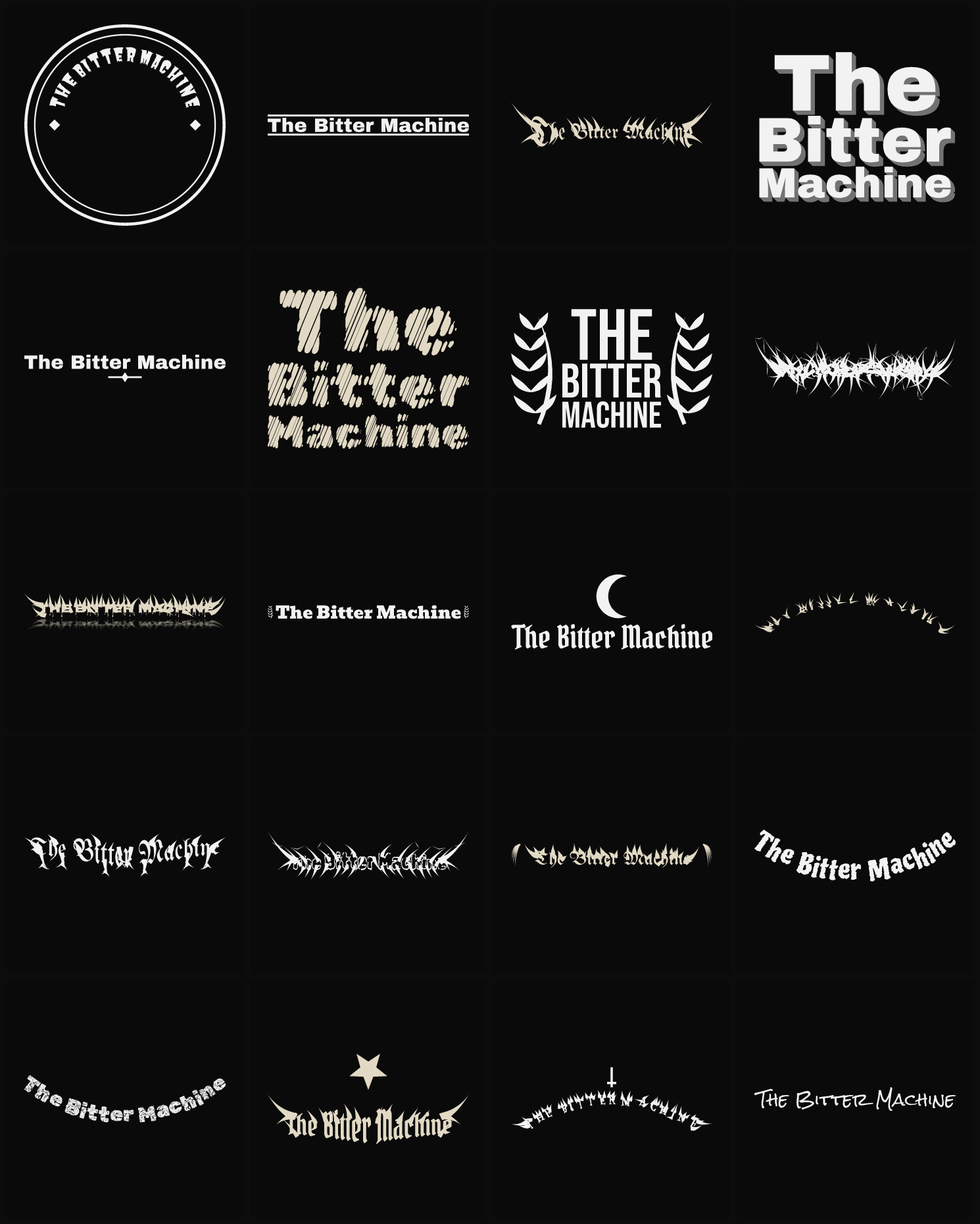 Twenty The Bitter Machine band logo ideas — different faces, treatments and spike settings
