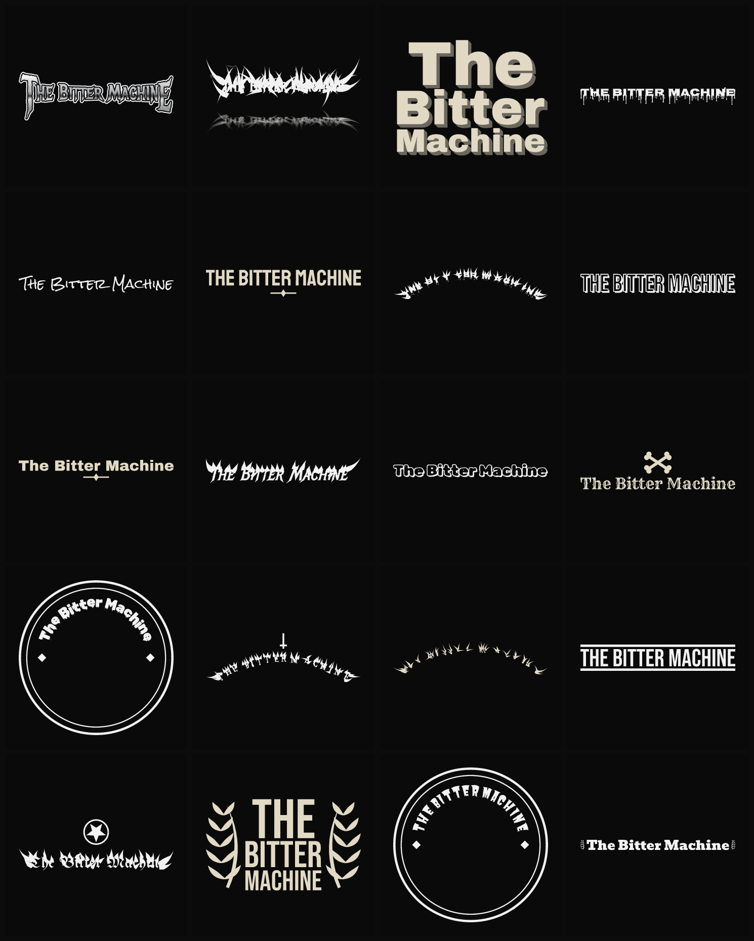Twenty The Bitter Machine band logo ideas — different faces, treatments and spike settings