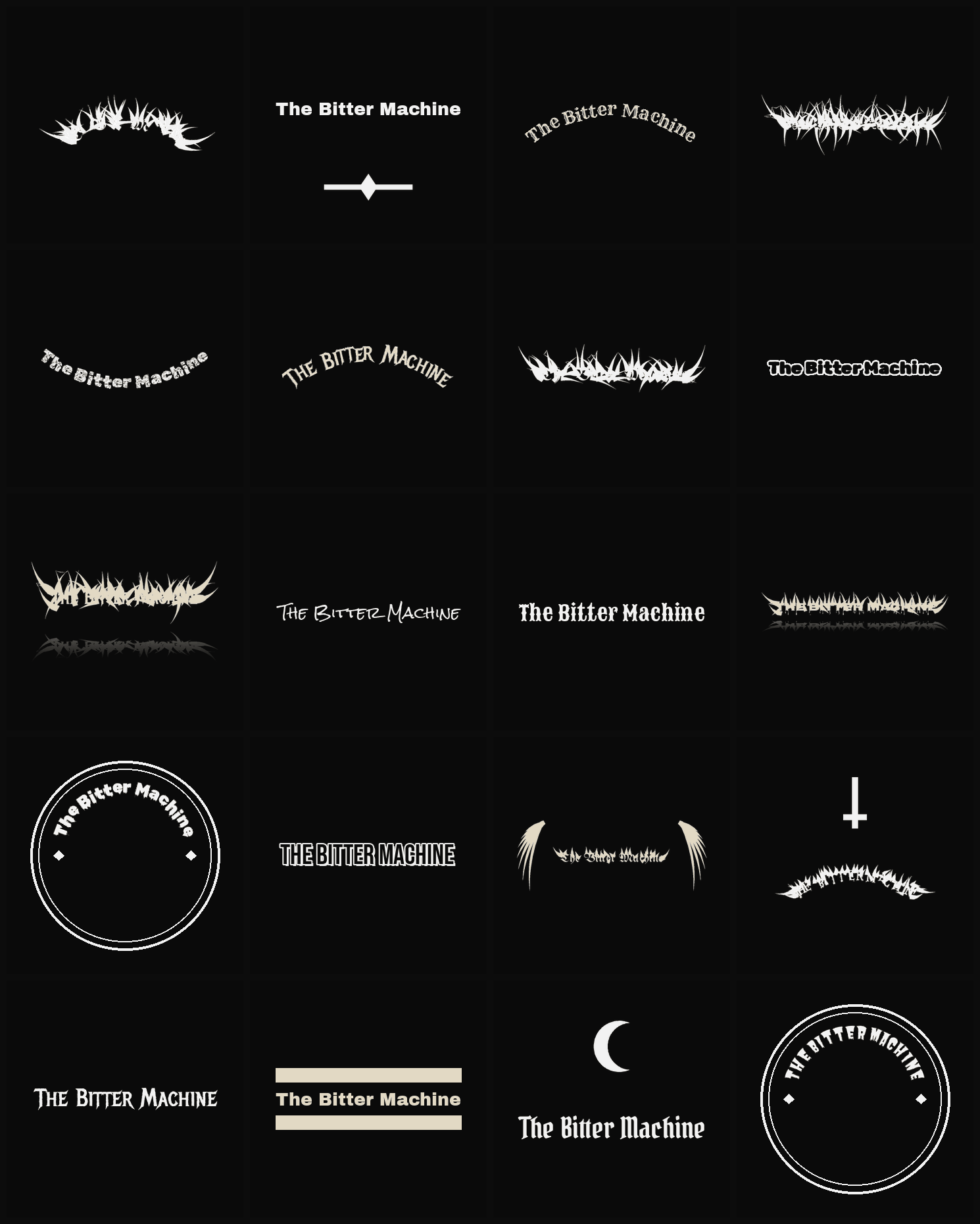 Twenty The Bitter Machine band logo ideas — different faces, treatments and spike settings