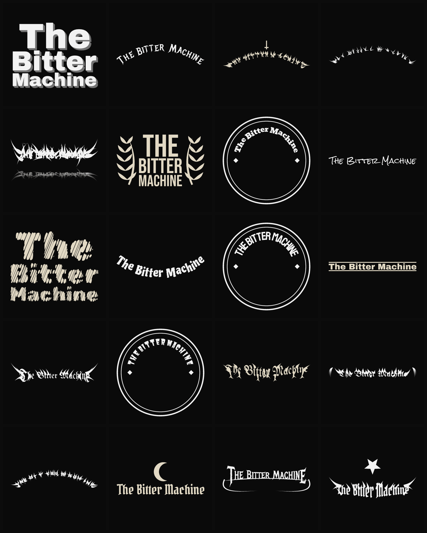 Twenty The Bitter Machine band logo ideas — different faces, treatments and spike settings
