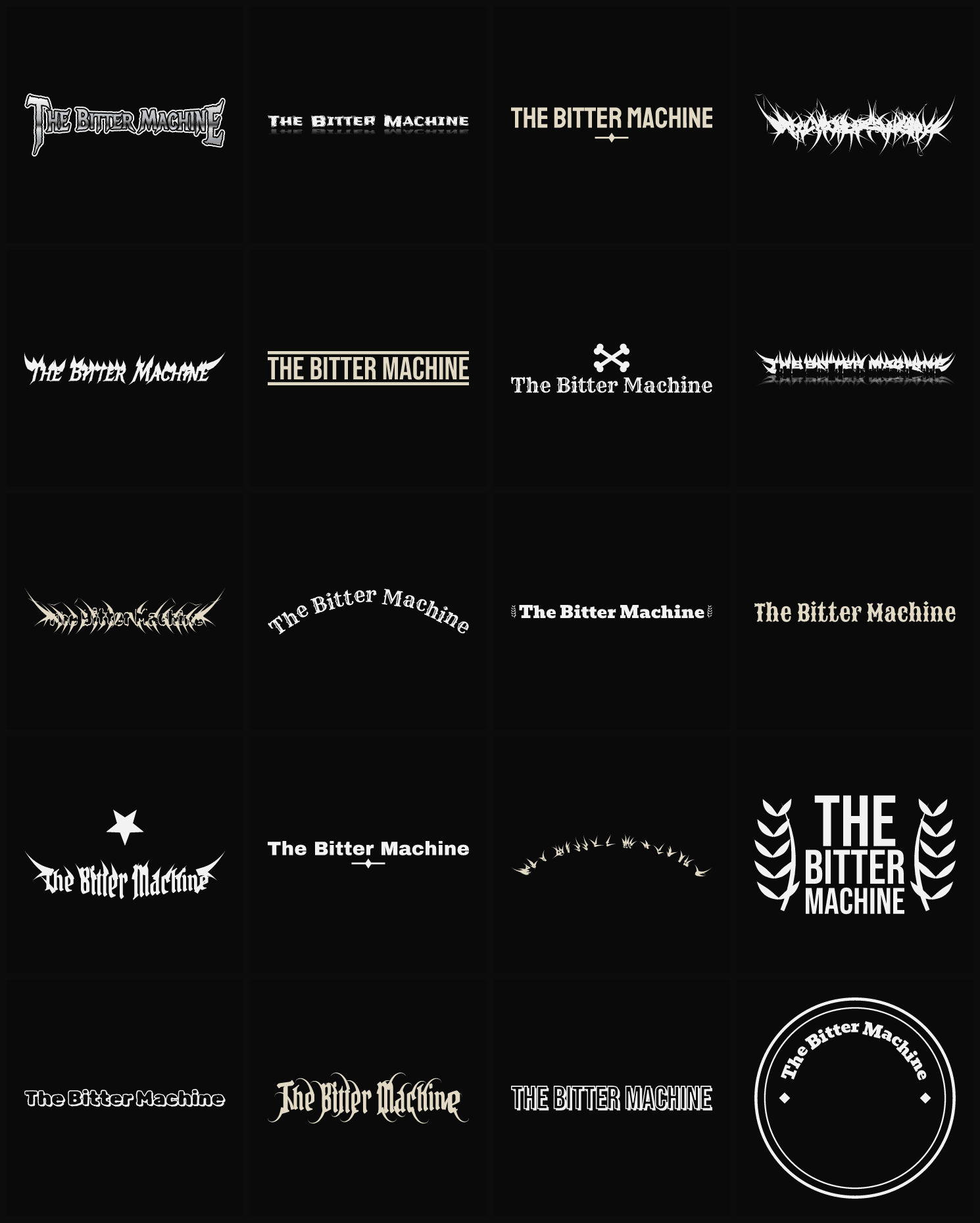 Twenty The Bitter Machine band logo ideas — different faces, treatments and spike settings