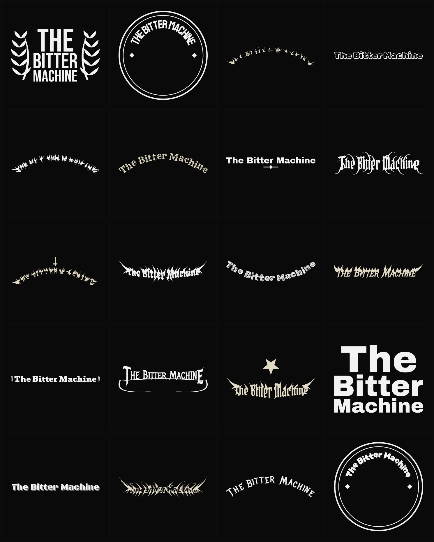 Twenty The Bitter Machine band logo ideas — different faces, treatments and spike settings
