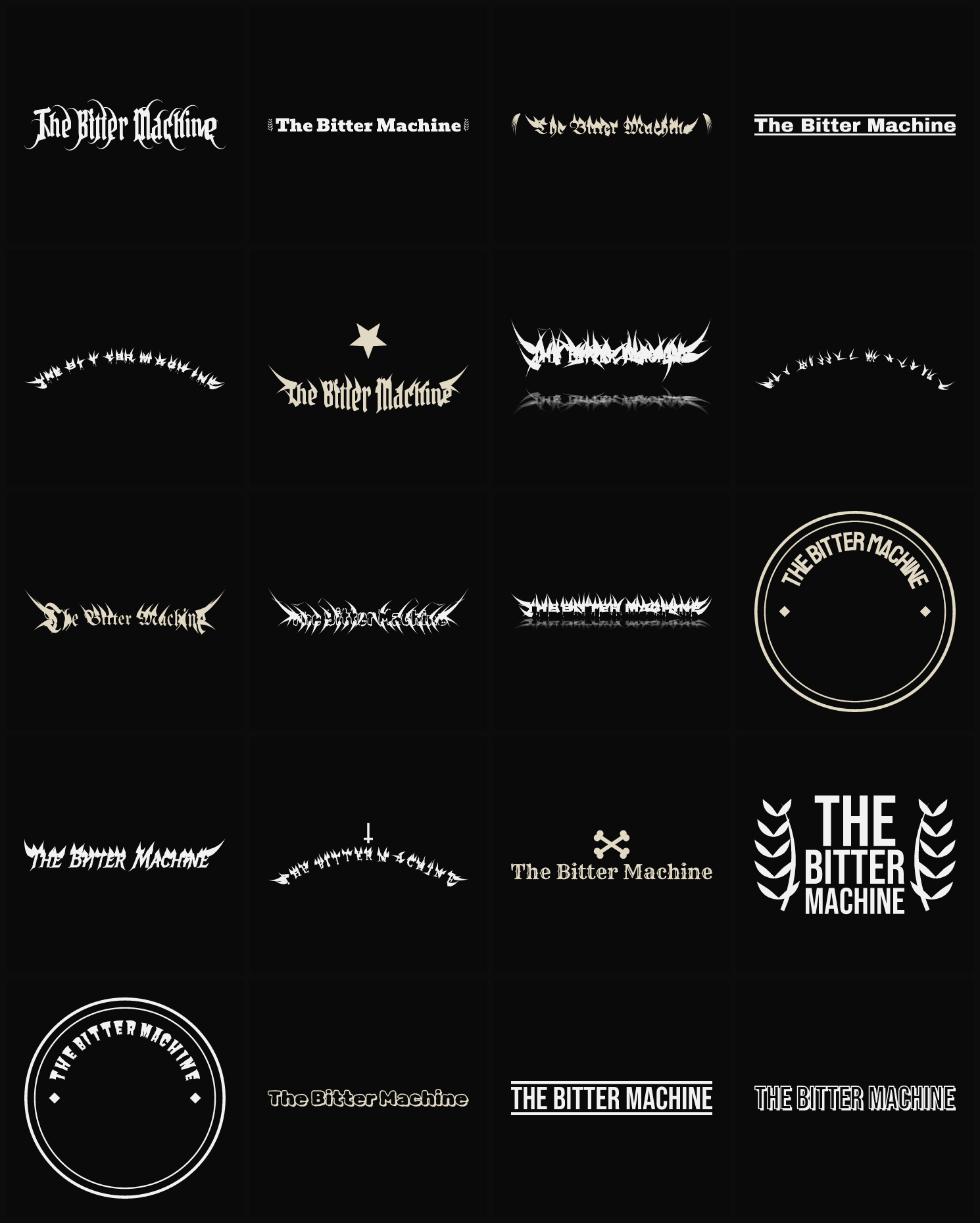 Twenty The Bitter Machine band logo ideas — different faces, treatments and spike settings