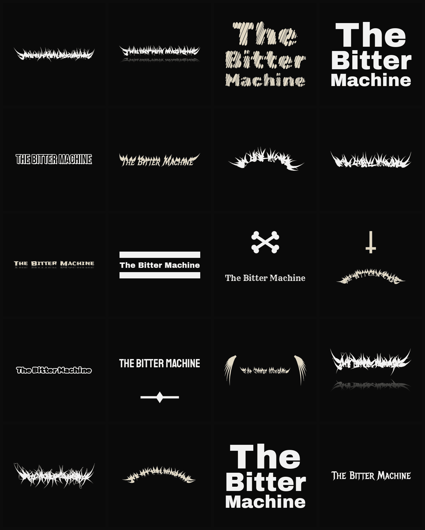 Twenty The Bitter Machine band logo ideas — different faces, treatments and spike settings