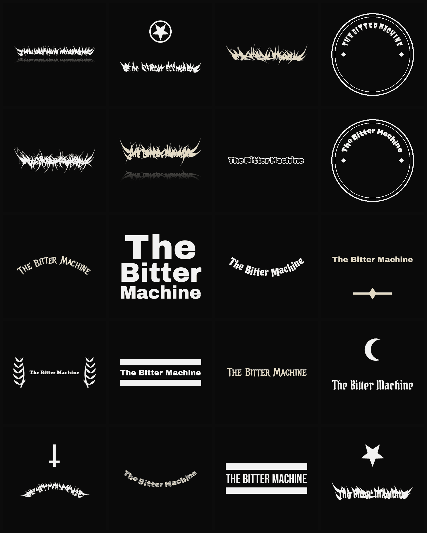 Twenty The Bitter Machine band logo ideas — different faces, treatments and spike settings