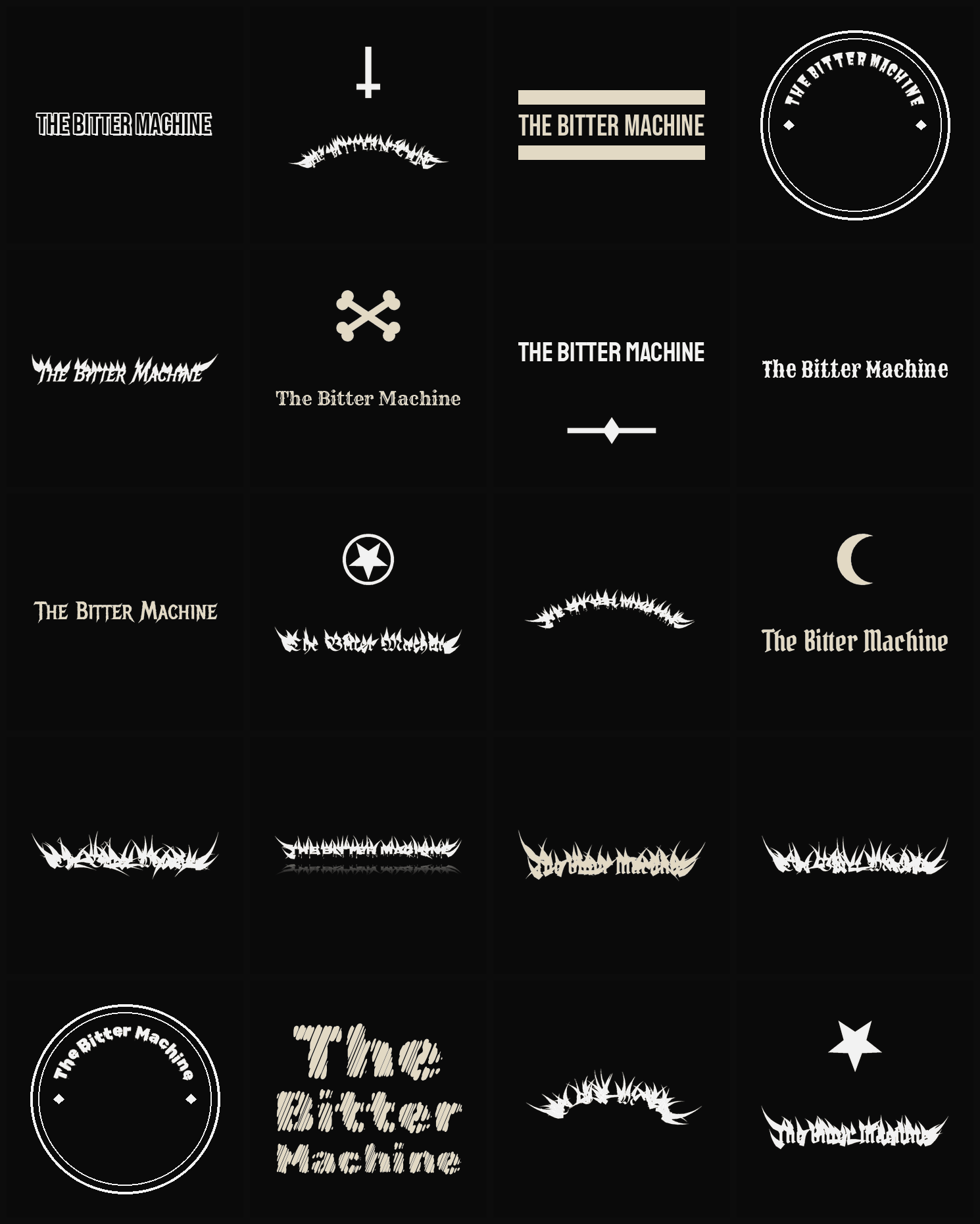 Twenty The Bitter Machine band logo ideas — different faces, treatments and spike settings