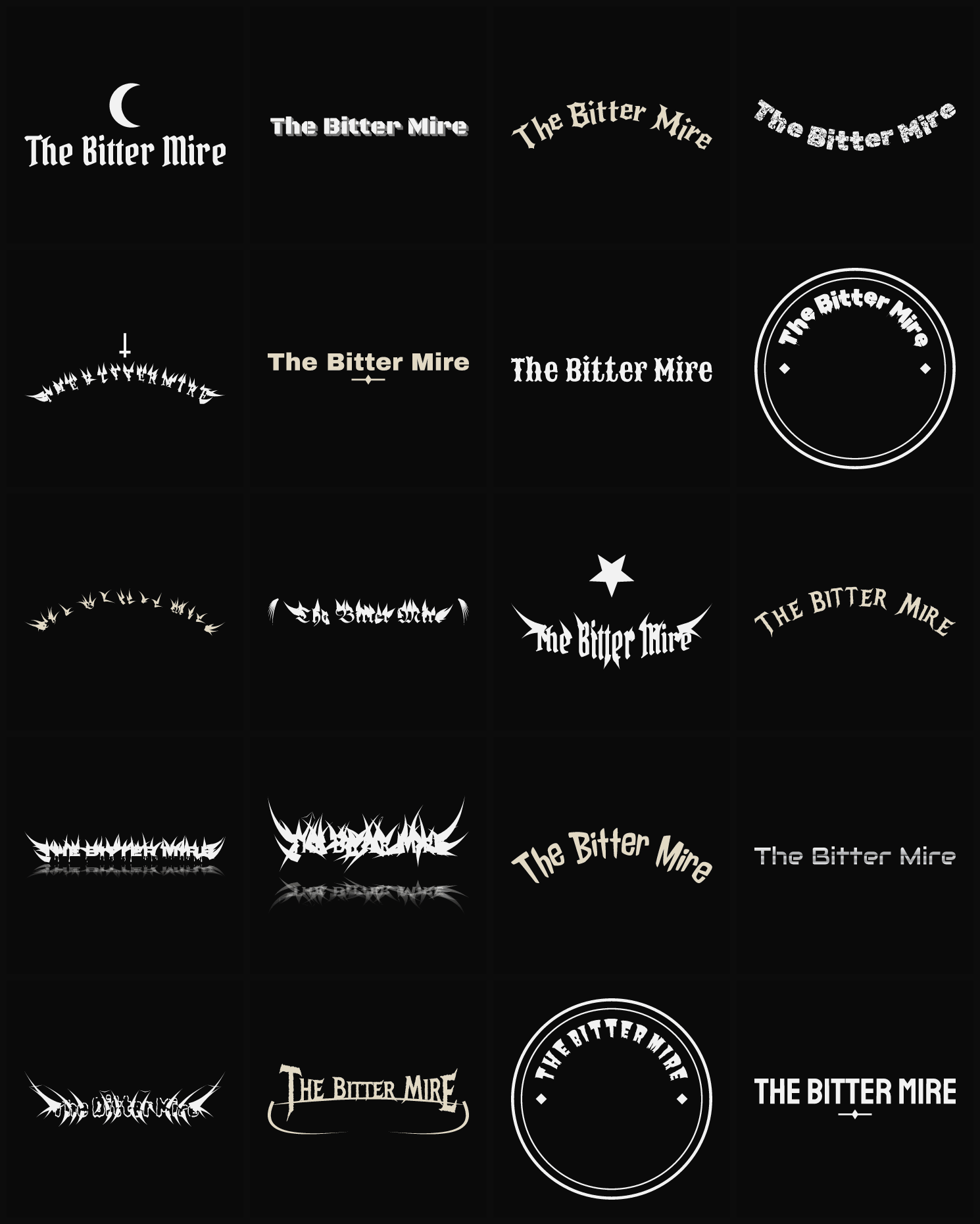 Twenty The Bitter Mire band logo ideas — different faces, treatments and spike settings