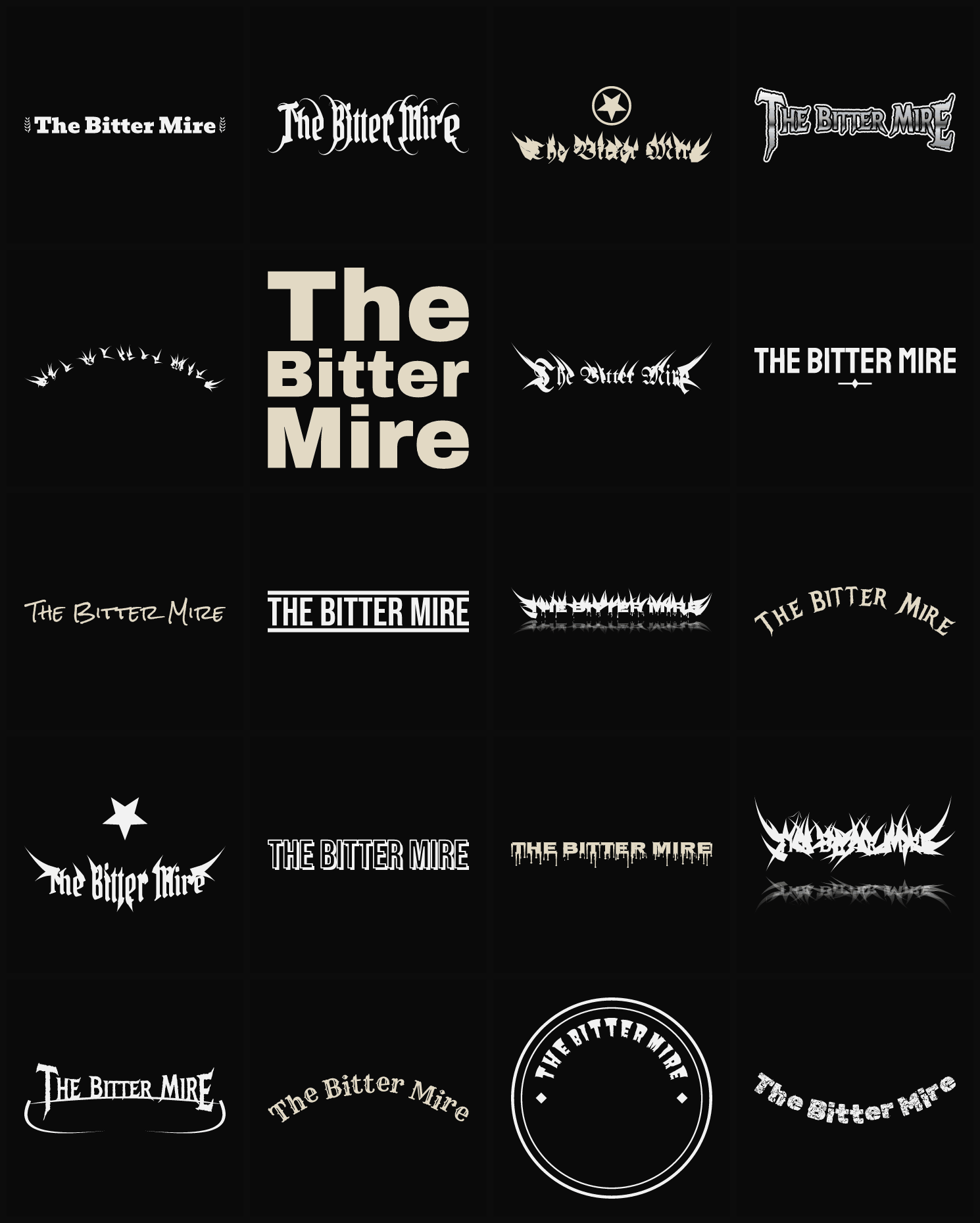 Twenty The Bitter Mire band logo ideas — different faces, treatments and spike settings