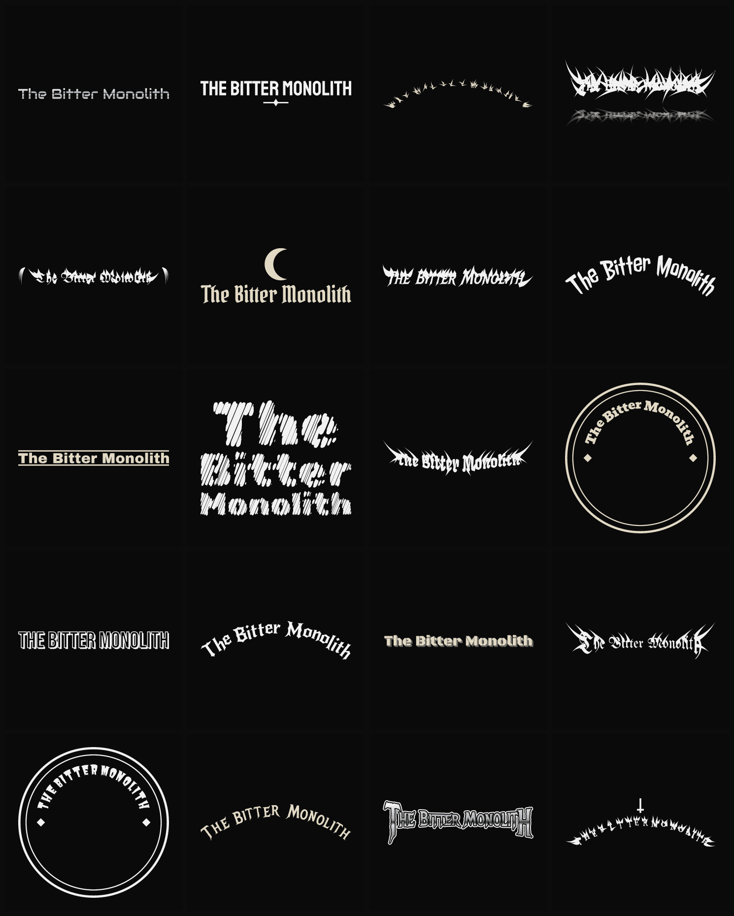 Twenty The Bitter Monolith band logo ideas — different faces, treatments and spike settings