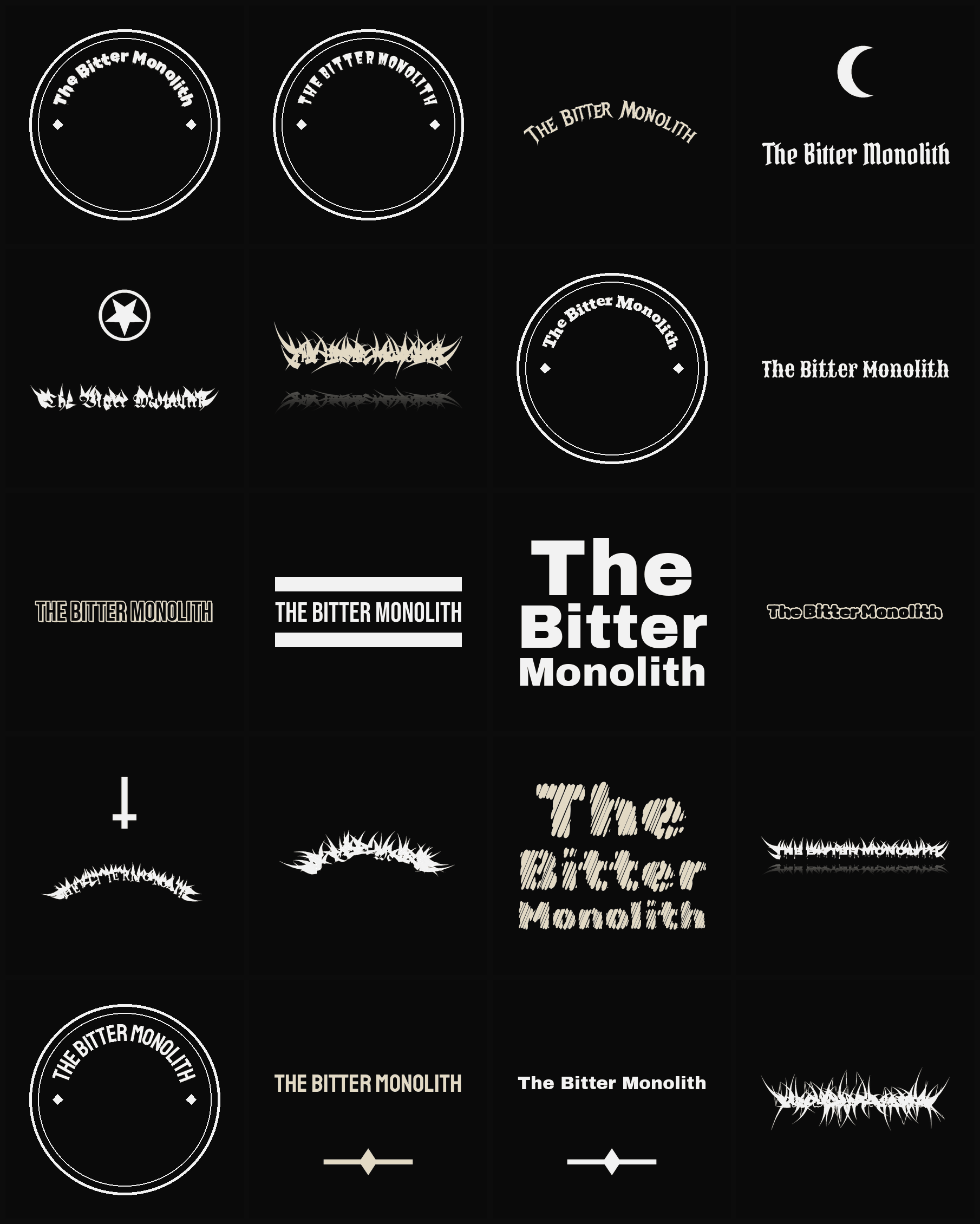 Twenty The Bitter Monolith band logo ideas — different faces, treatments and spike settings