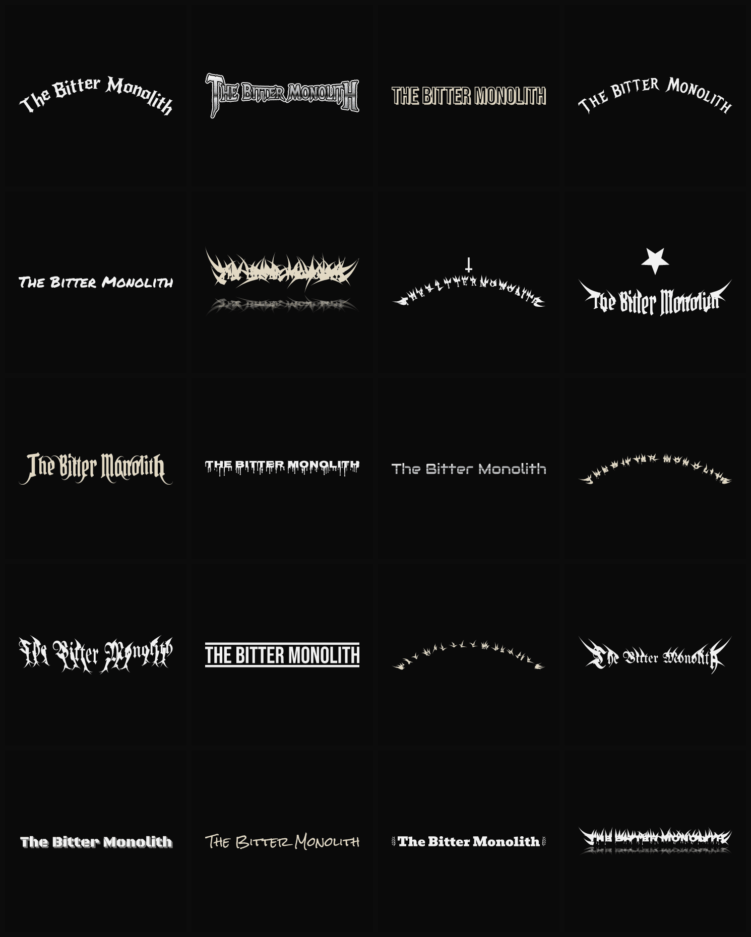 Twenty The Bitter Monolith band logo ideas — different faces, treatments and spike settings