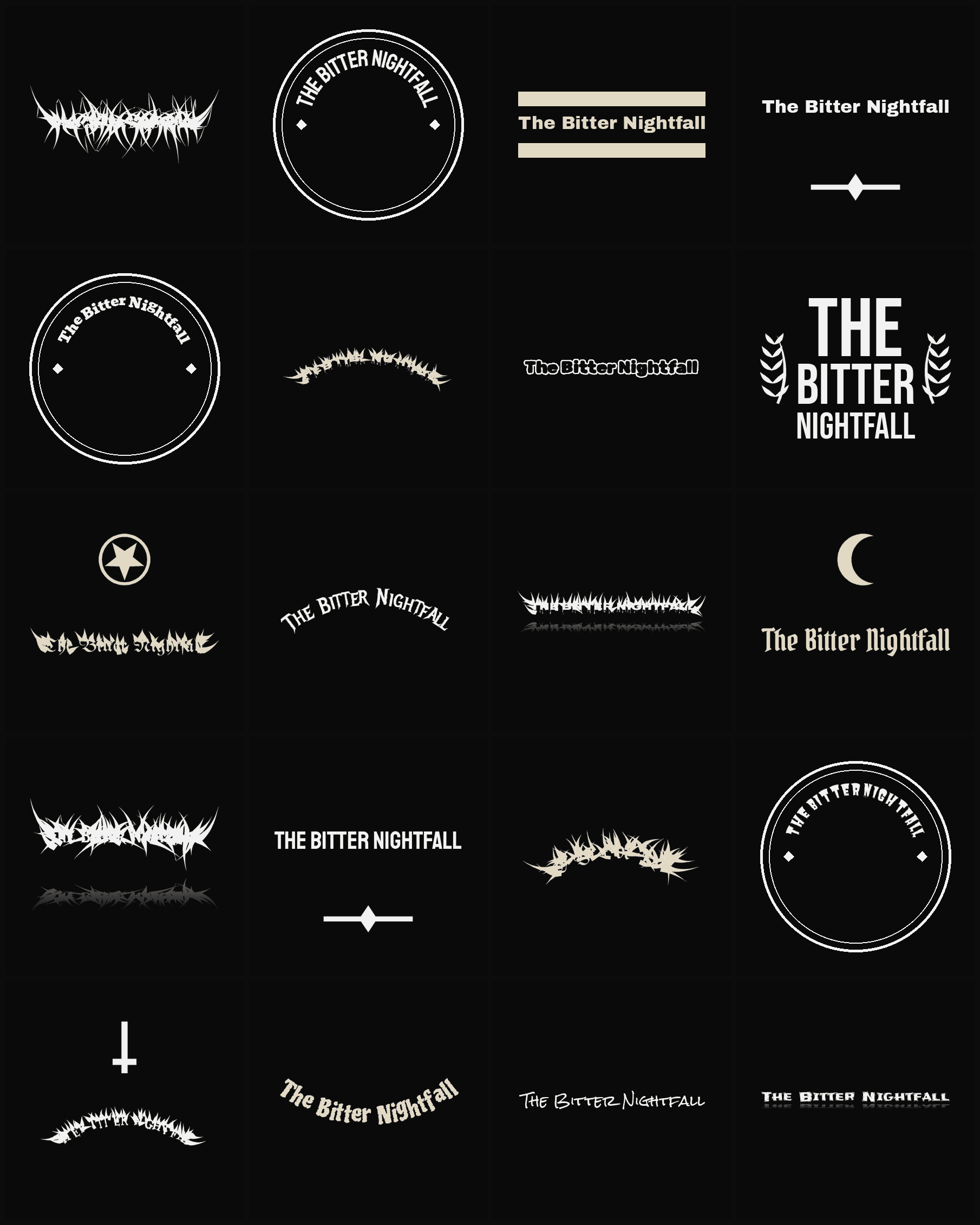 Twenty The Bitter Nightfall band logo ideas — different faces, treatments and spike settings