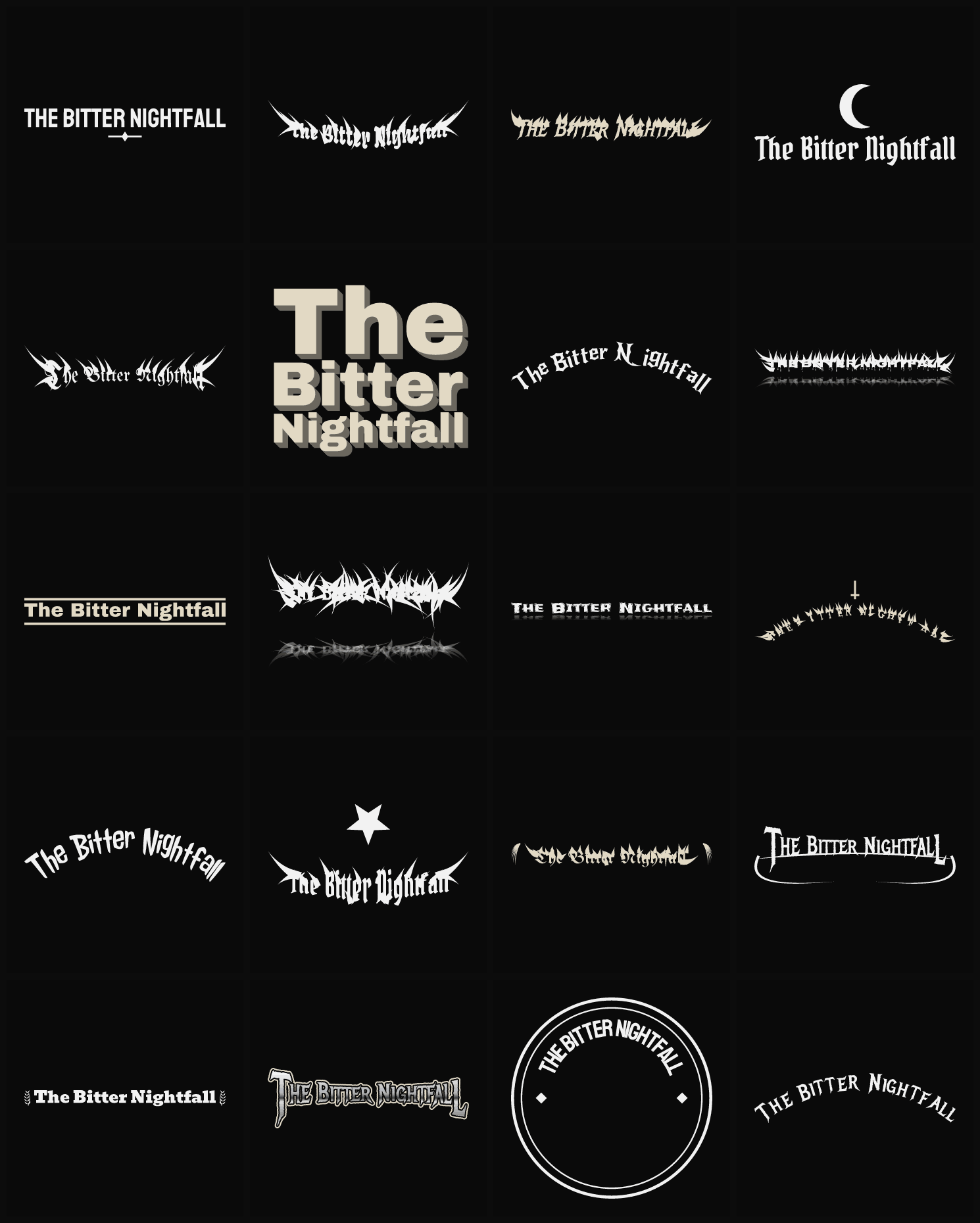 Twenty The Bitter Nightfall band logo ideas — different faces, treatments and spike settings