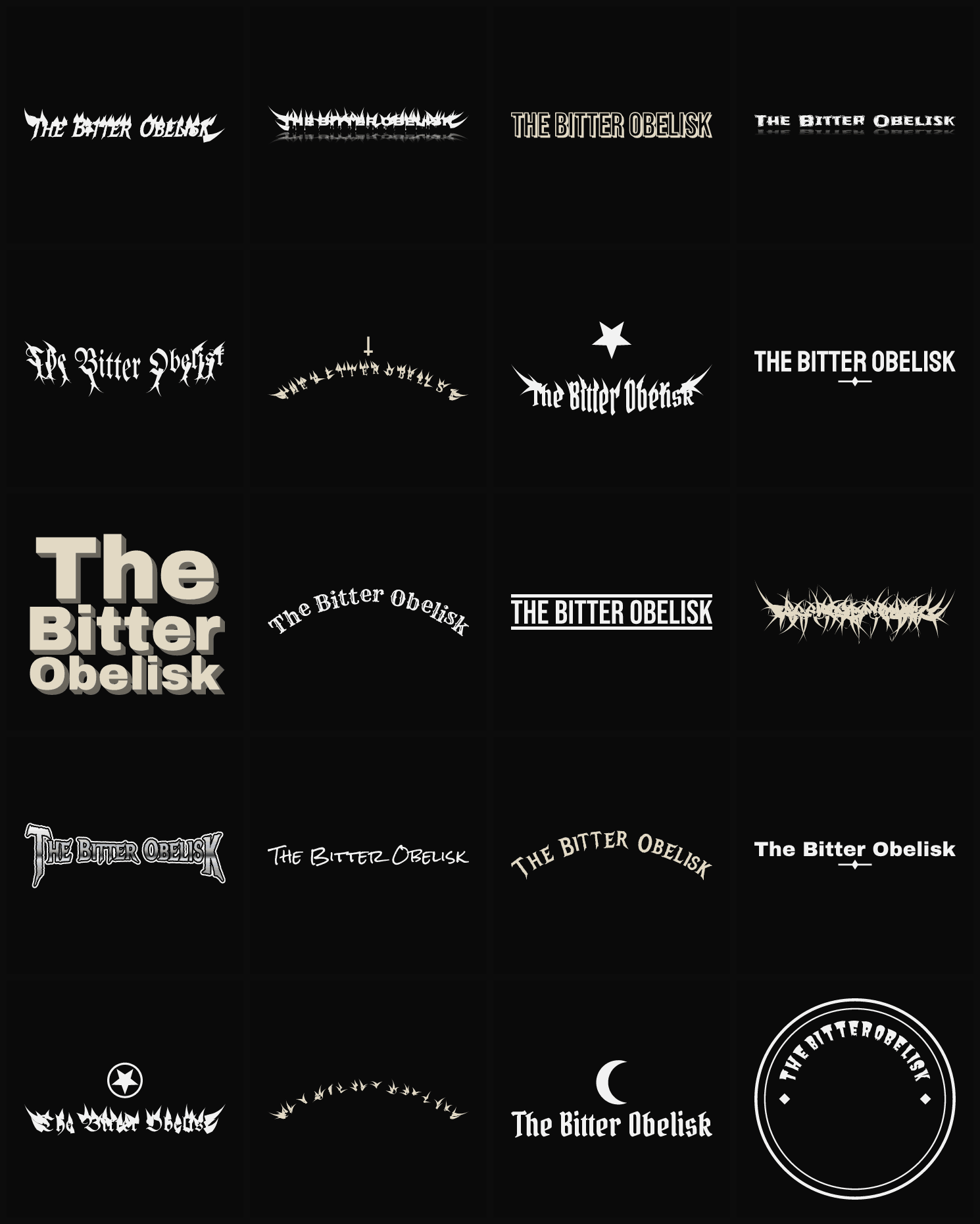 Twenty The Bitter Obelisk band logo ideas — different faces, treatments and spike settings