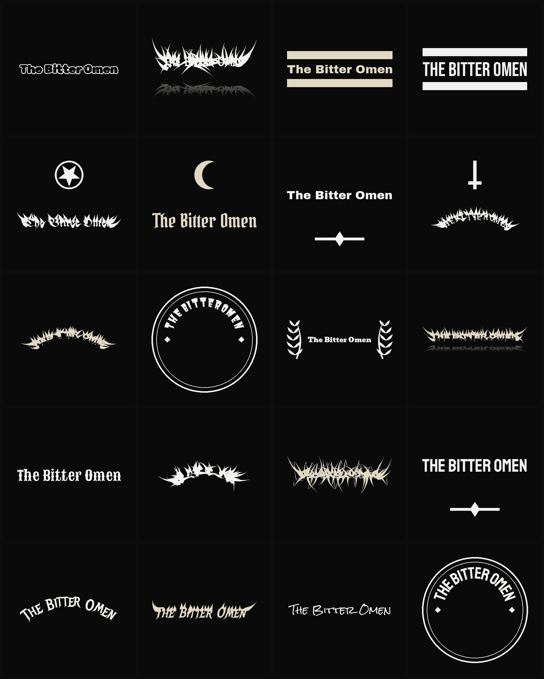 Twenty The Bitter Omen band logo ideas — different faces, treatments and spike settings