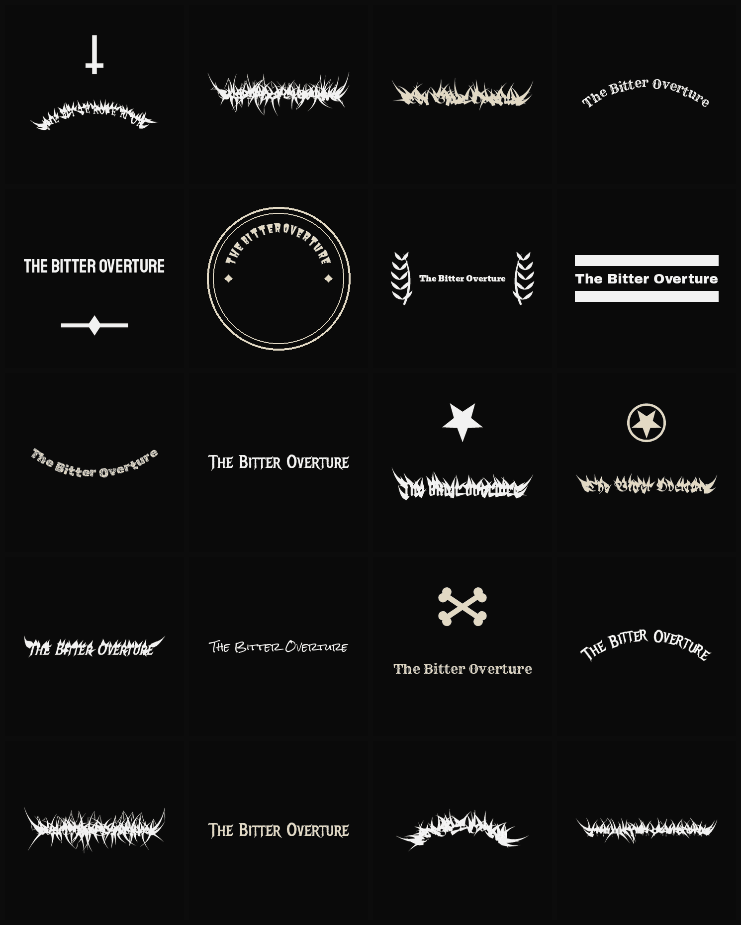 Twenty The Bitter Overture band logo ideas — different faces, treatments and spike settings