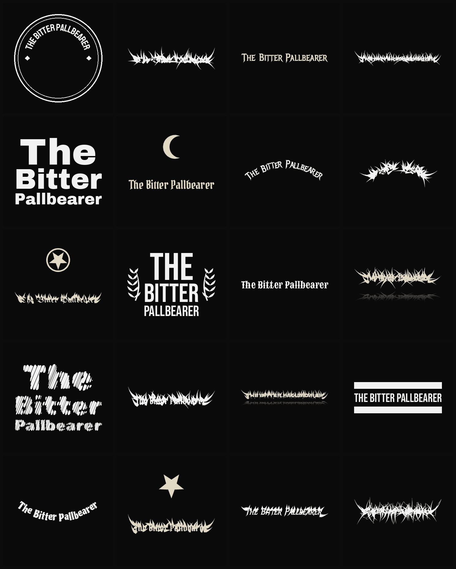 Twenty The Bitter Pallbearer band logo ideas — different faces, treatments and spike settings