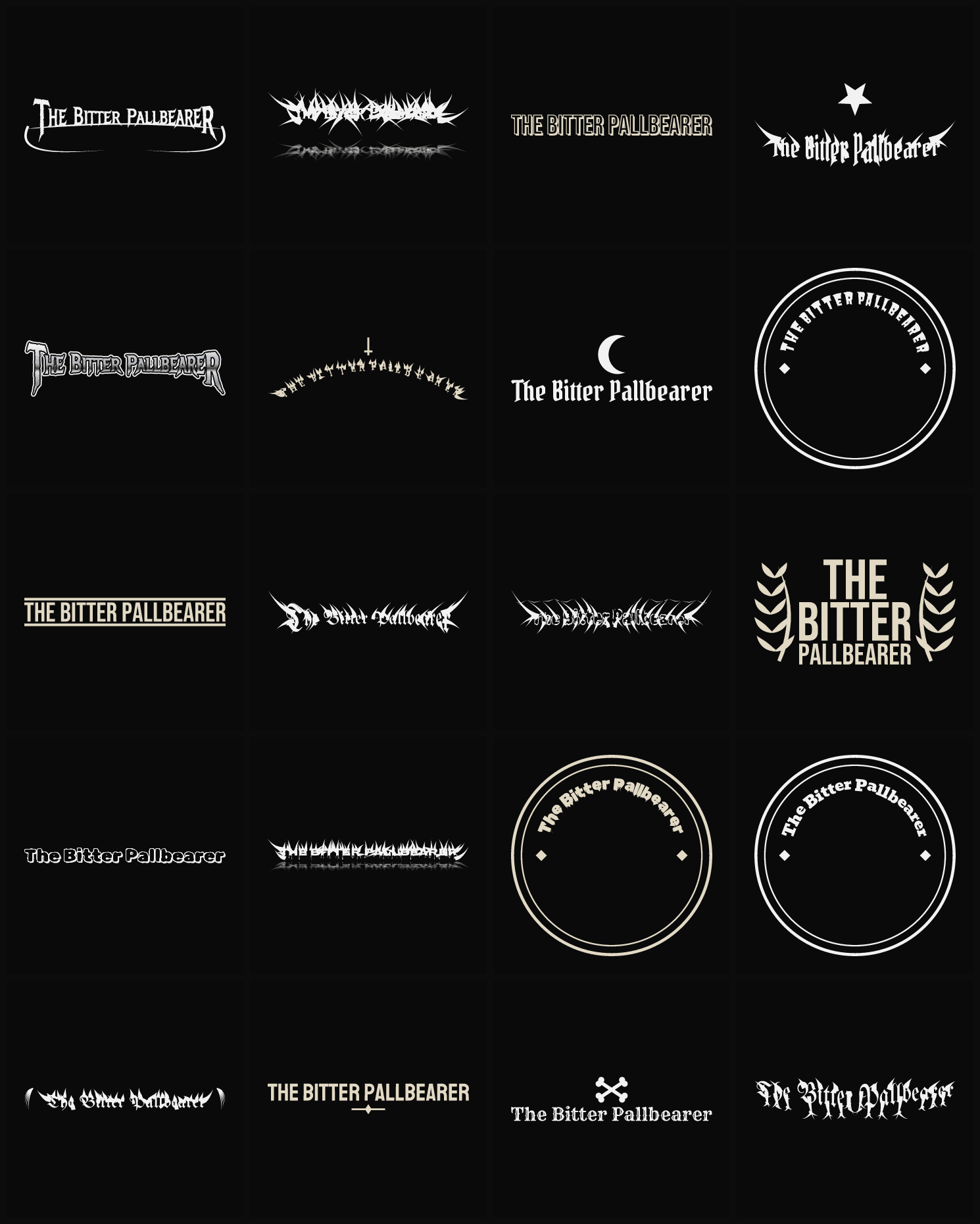Twenty The Bitter Pallbearer band logo ideas — different faces, treatments and spike settings