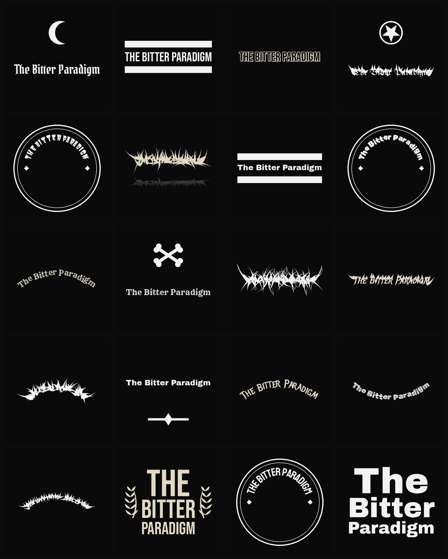 Twenty The Bitter Paradigm band logo ideas — different faces, treatments and spike settings