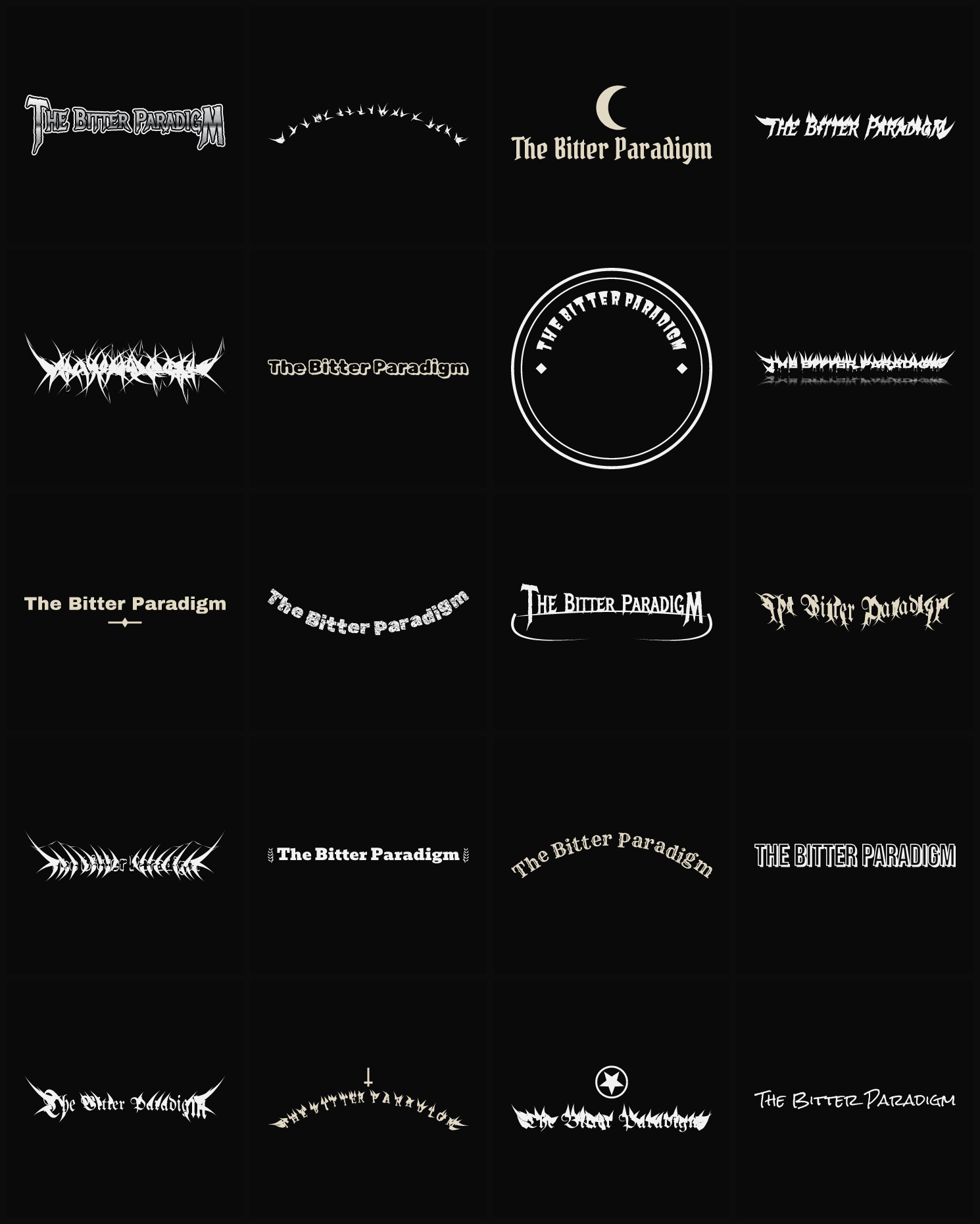 Twenty The Bitter Paradigm band logo ideas — different faces, treatments and spike settings