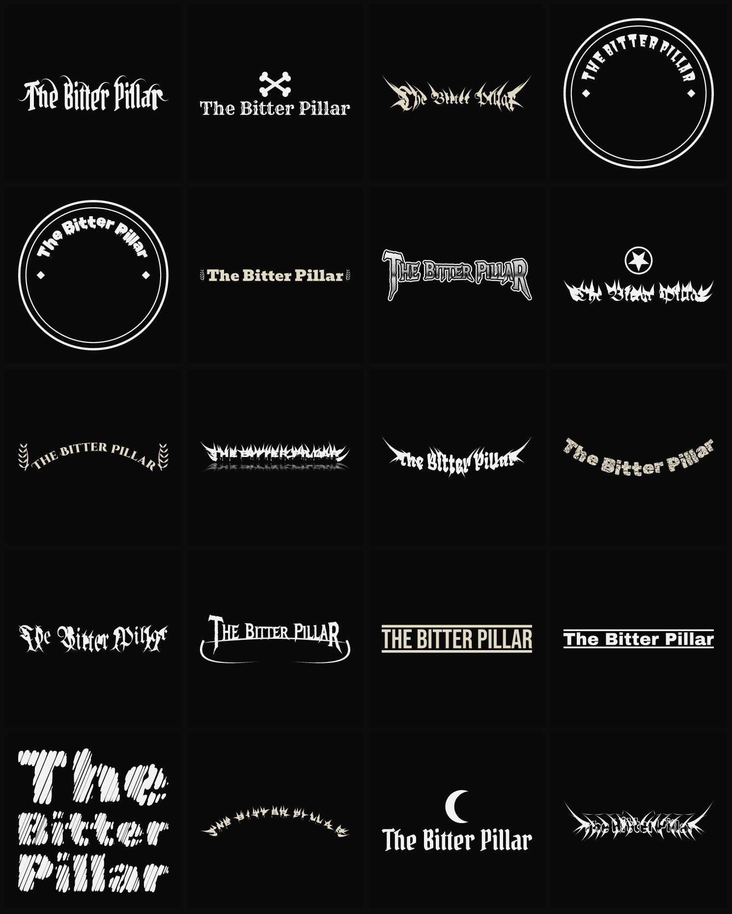 Twenty The Bitter Pillar band logo ideas — different faces, treatments and spike settings