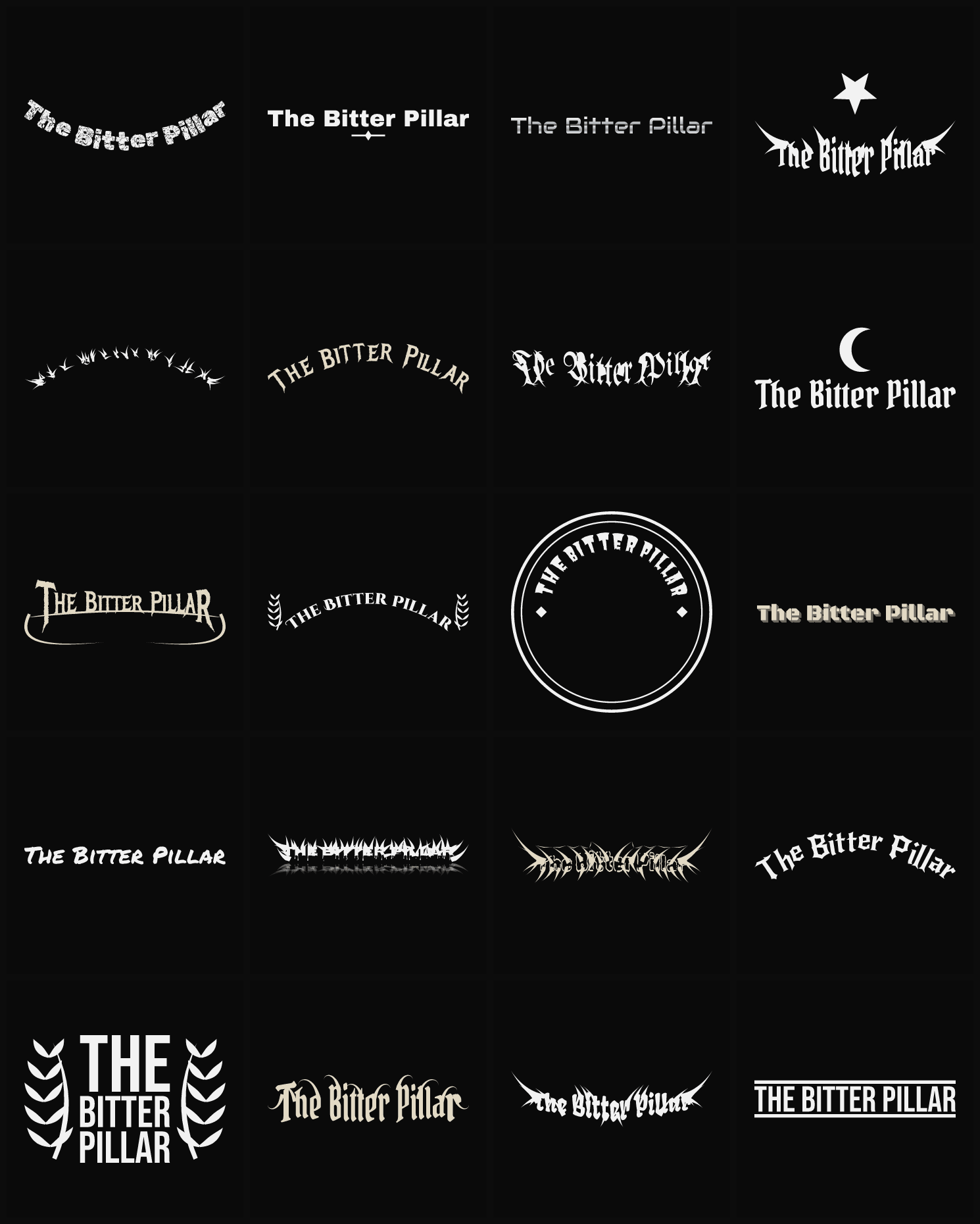 Twenty The Bitter Pillar band logo ideas — different faces, treatments and spike settings