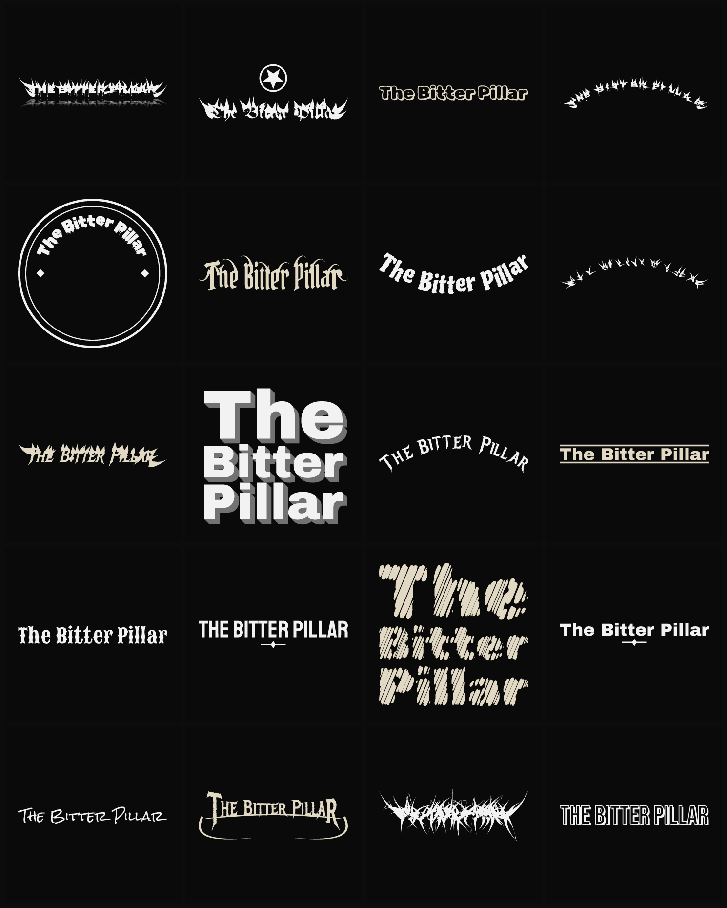 Twenty The Bitter Pillar band logo ideas — different faces, treatments and spike settings