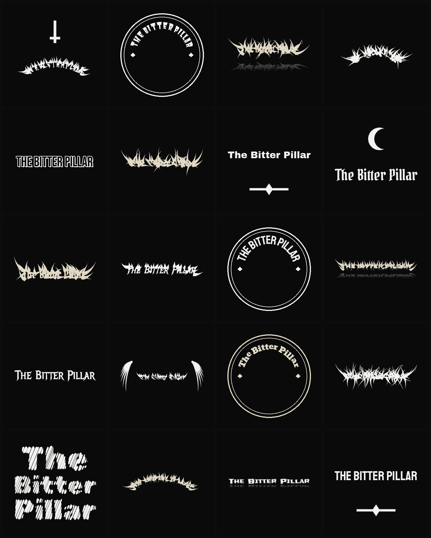 Twenty The Bitter Pillar band logo ideas — different faces, treatments and spike settings