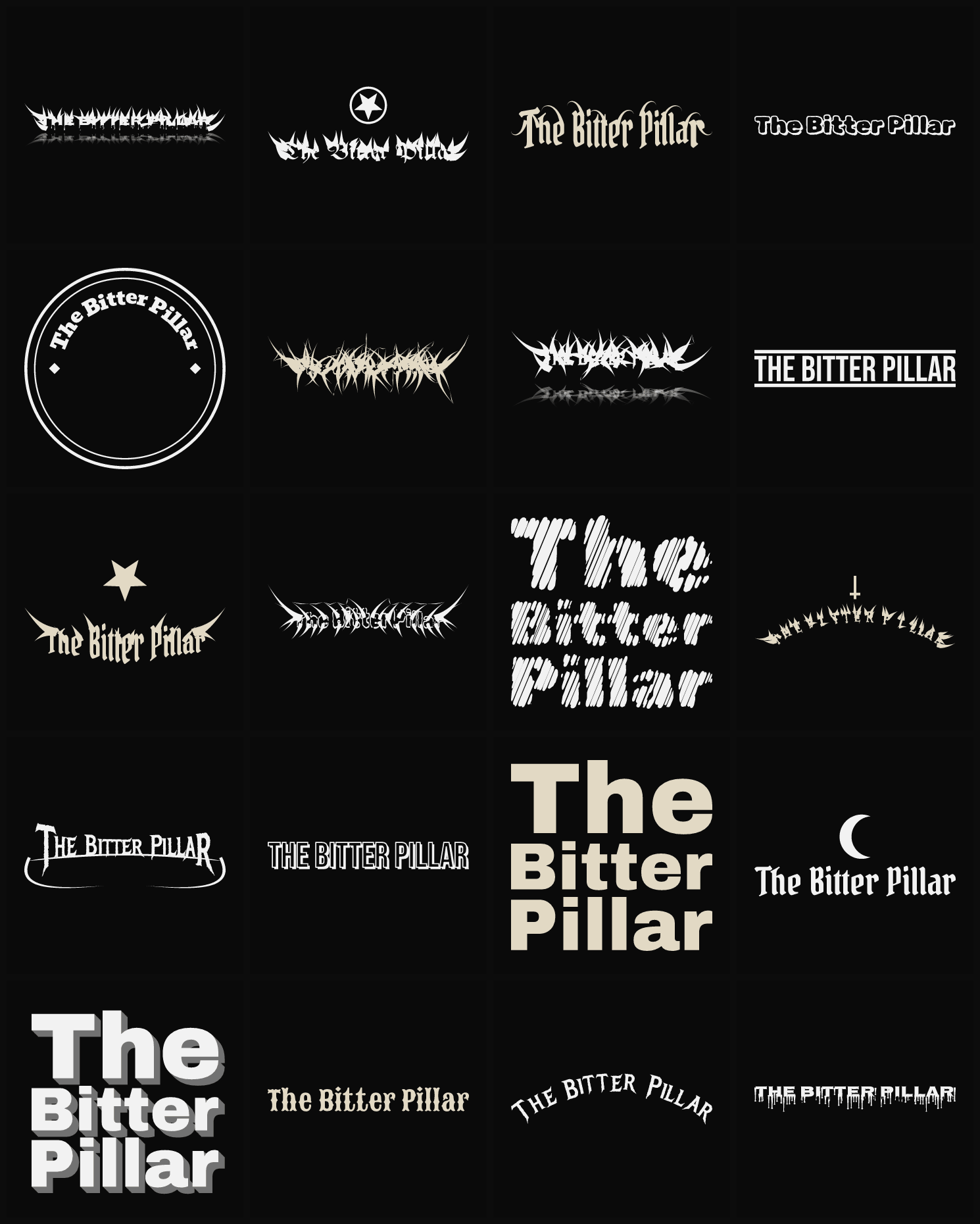 Twenty The Bitter Pillar band logo ideas — different faces, treatments and spike settings