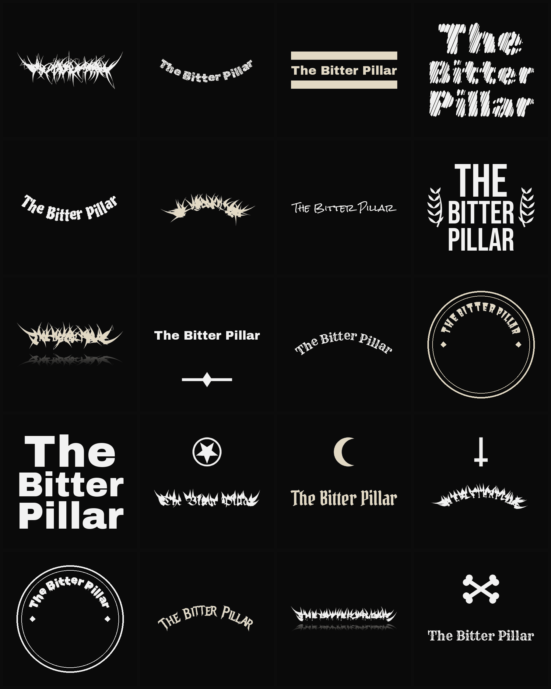 Twenty The Bitter Pillar band logo ideas — different faces, treatments and spike settings
