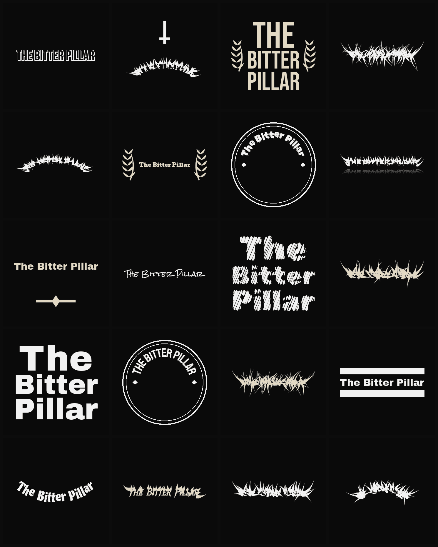 Twenty The Bitter Pillar band logo ideas — different faces, treatments and spike settings