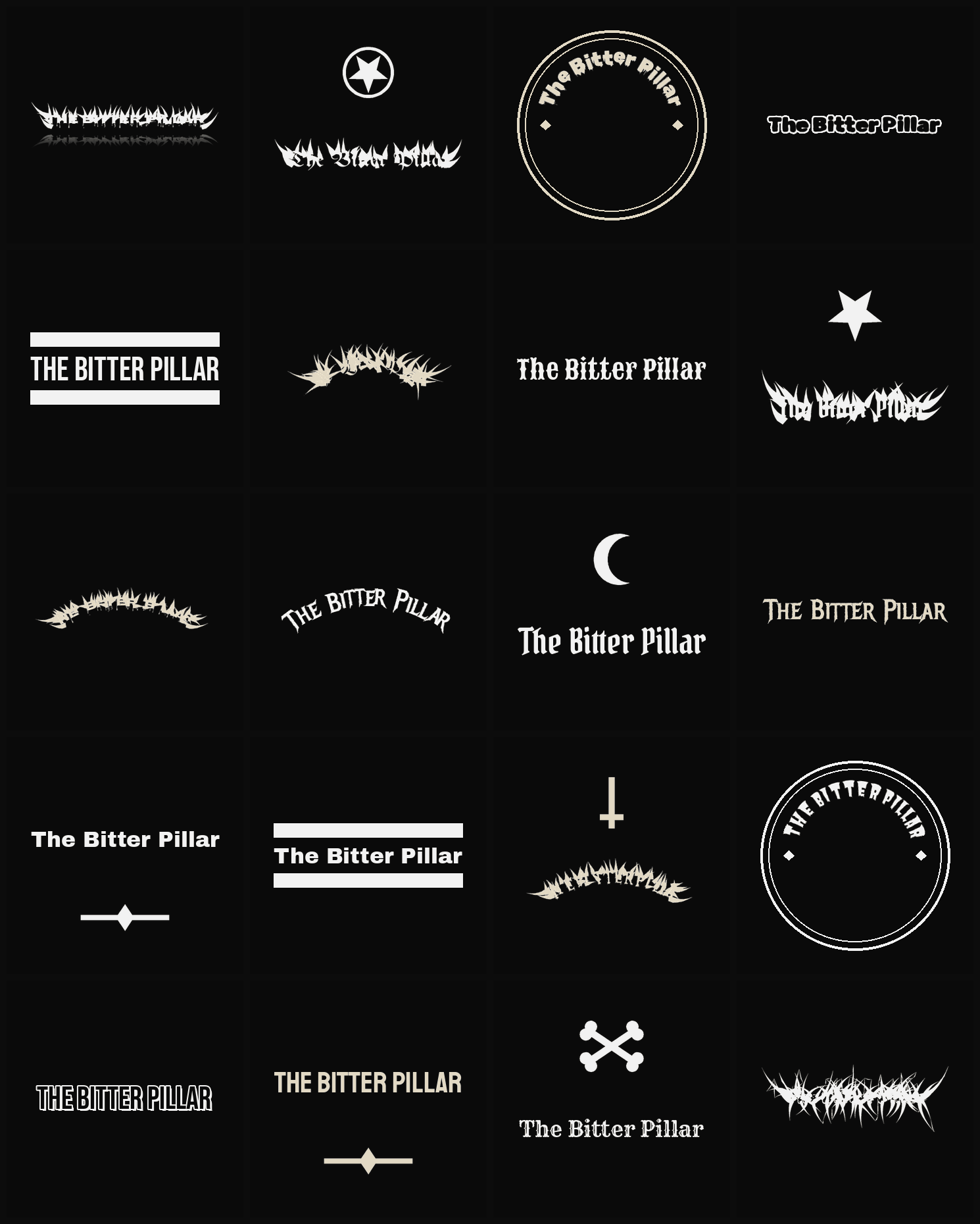 Twenty The Bitter Pillar band logo ideas — different faces, treatments and spike settings