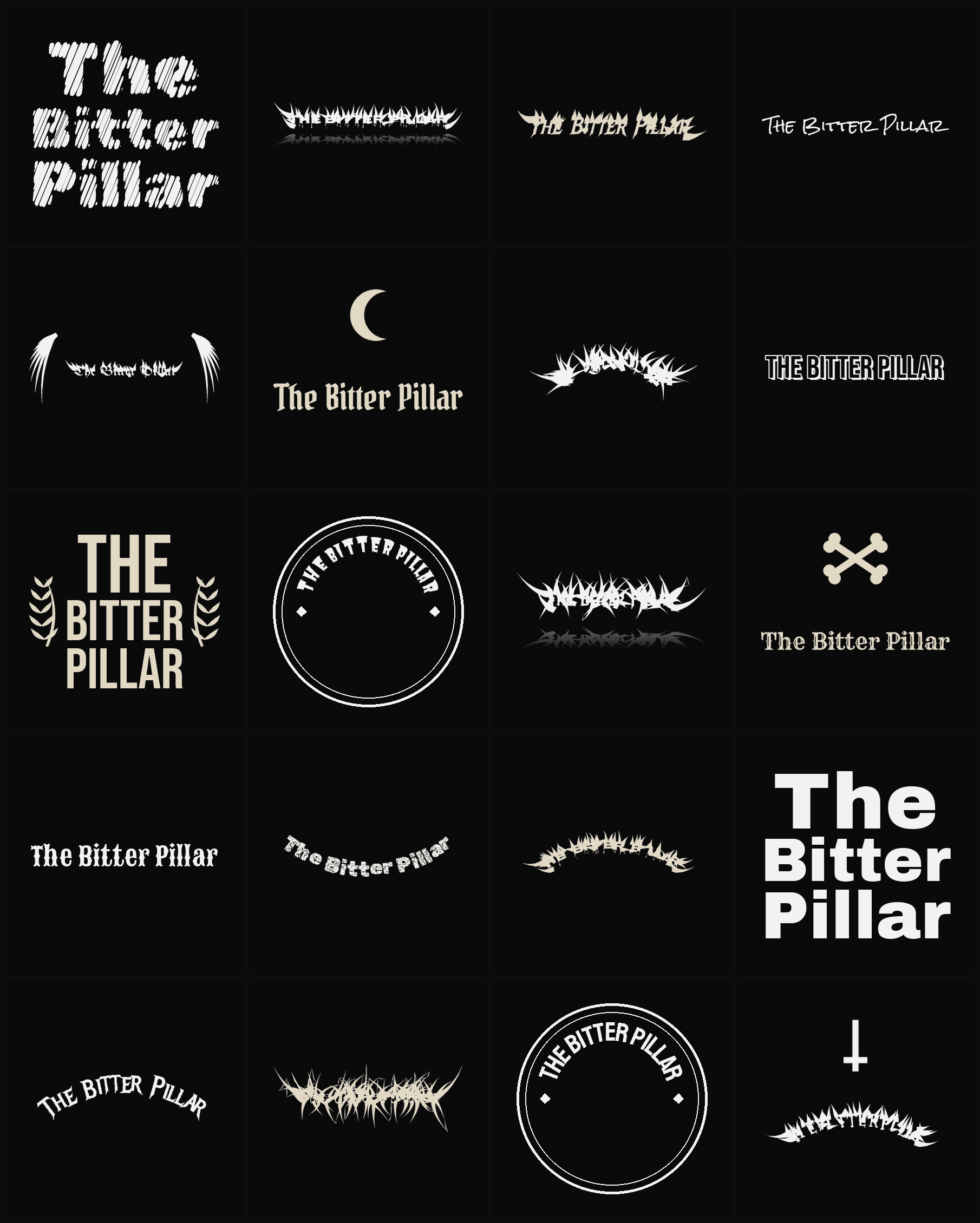 Twenty The Bitter Pillar band logo ideas — different faces, treatments and spike settings