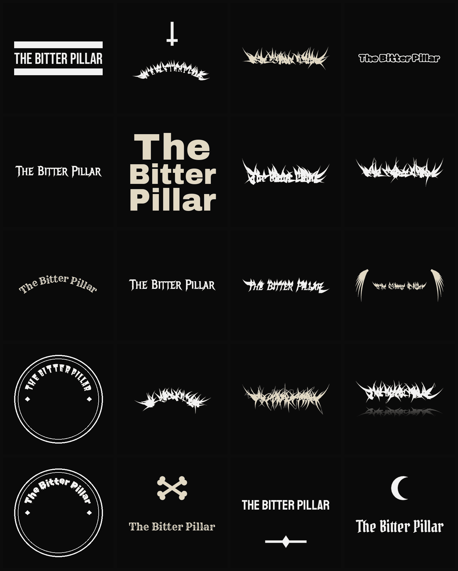 Twenty The Bitter Pillar band logo ideas — different faces, treatments and spike settings