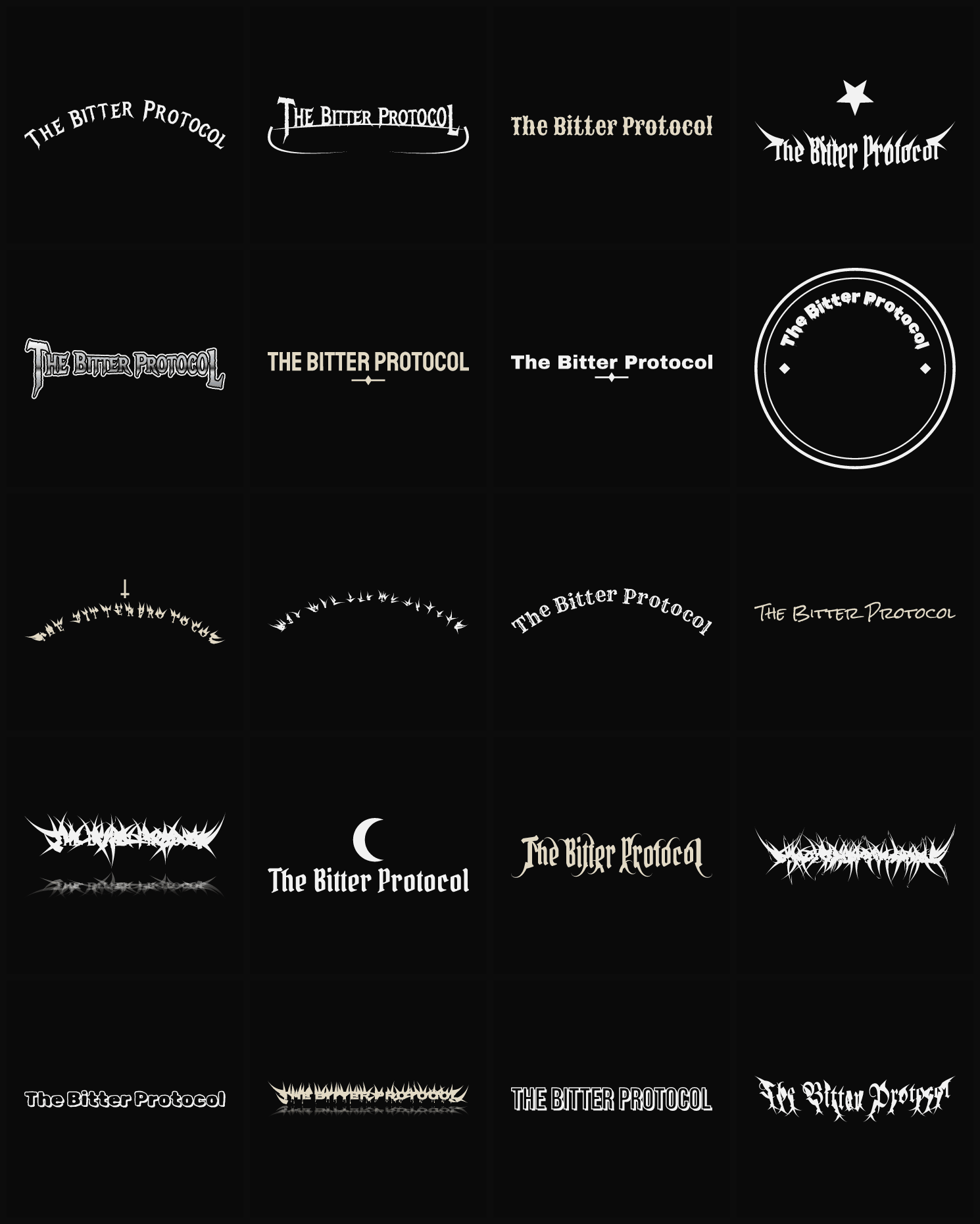 Twenty The Bitter Protocol band logo ideas — different faces, treatments and spike settings
