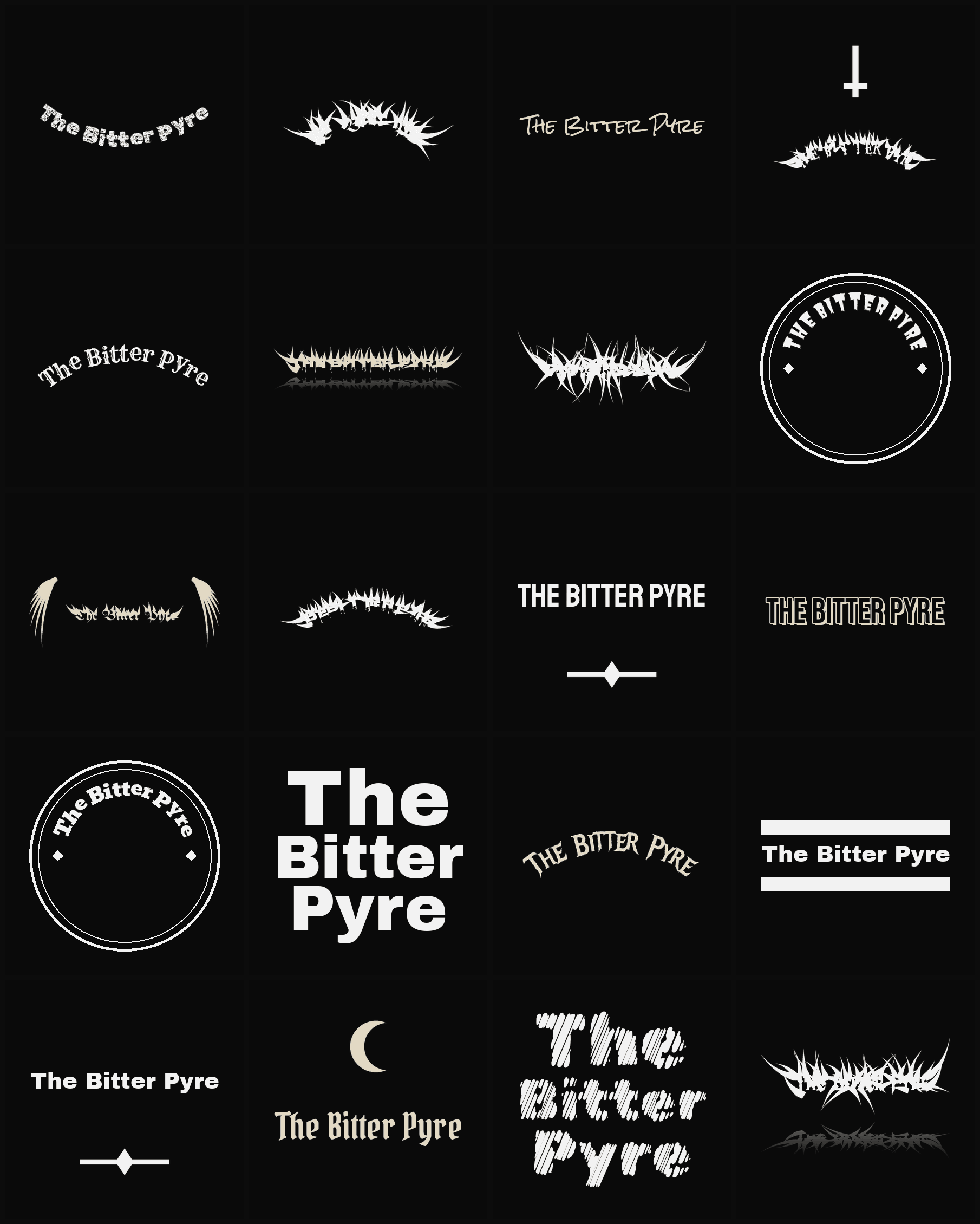 Twenty The Bitter Pyre band logo ideas — different faces, treatments and spike settings